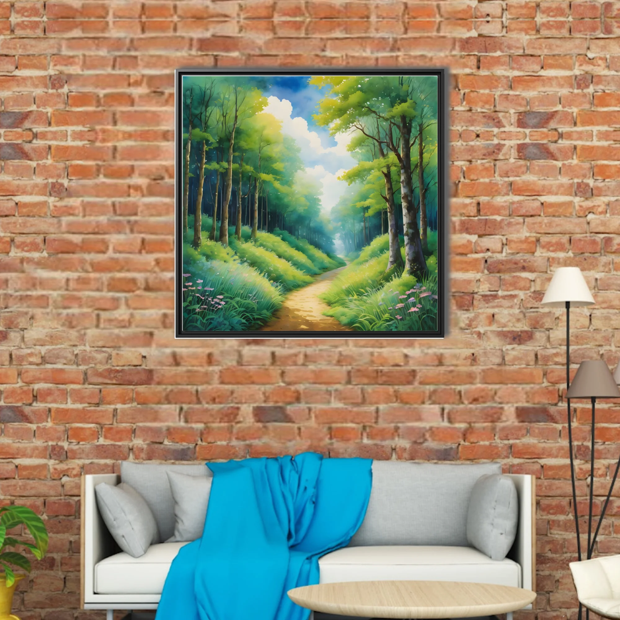 Watercolor-style forest path with lush green trees, wildflowers, and soft glowing sky
