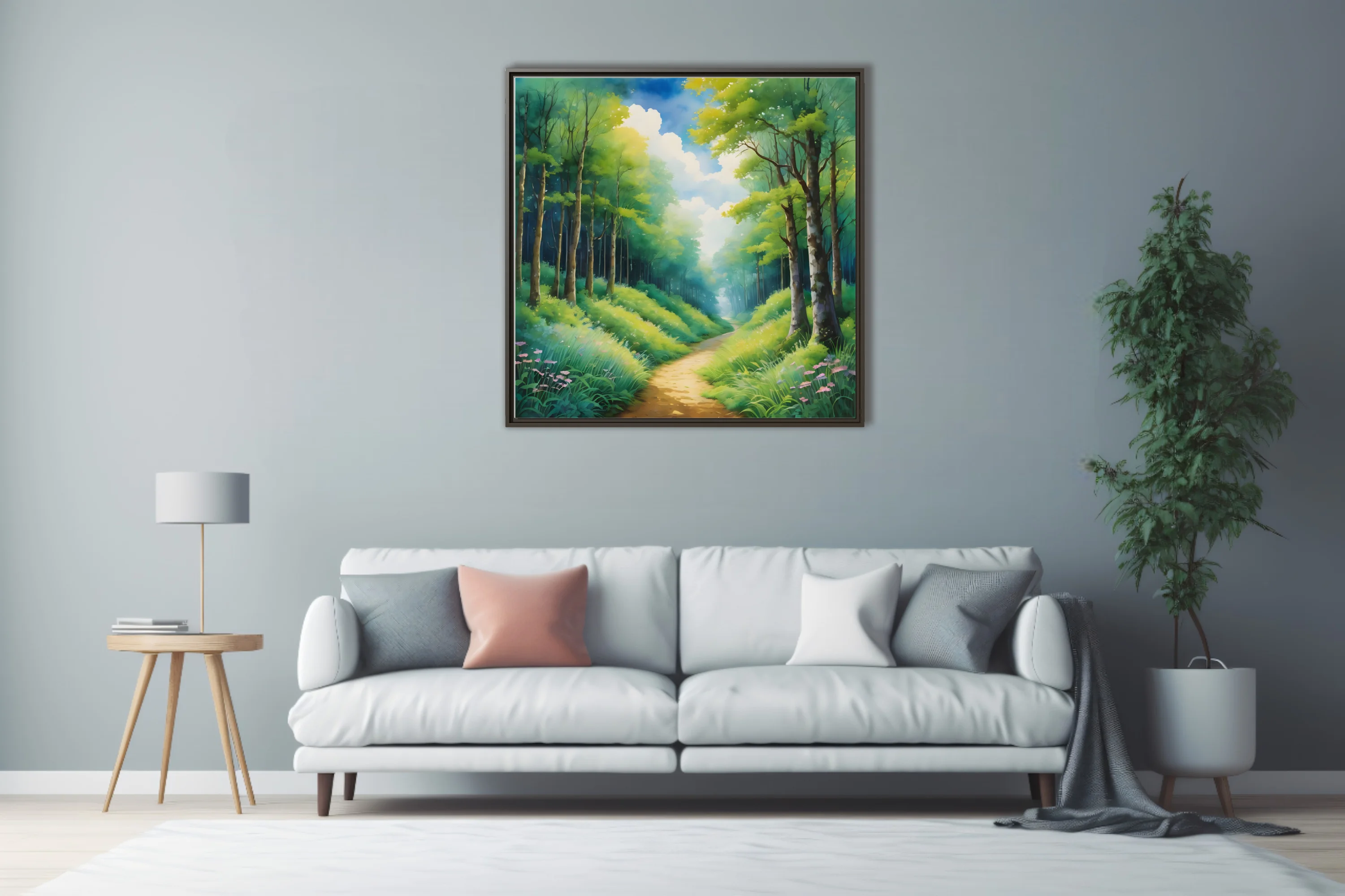 Watercolor-style forest path with lush green trees, wildflowers, and soft glowing sky