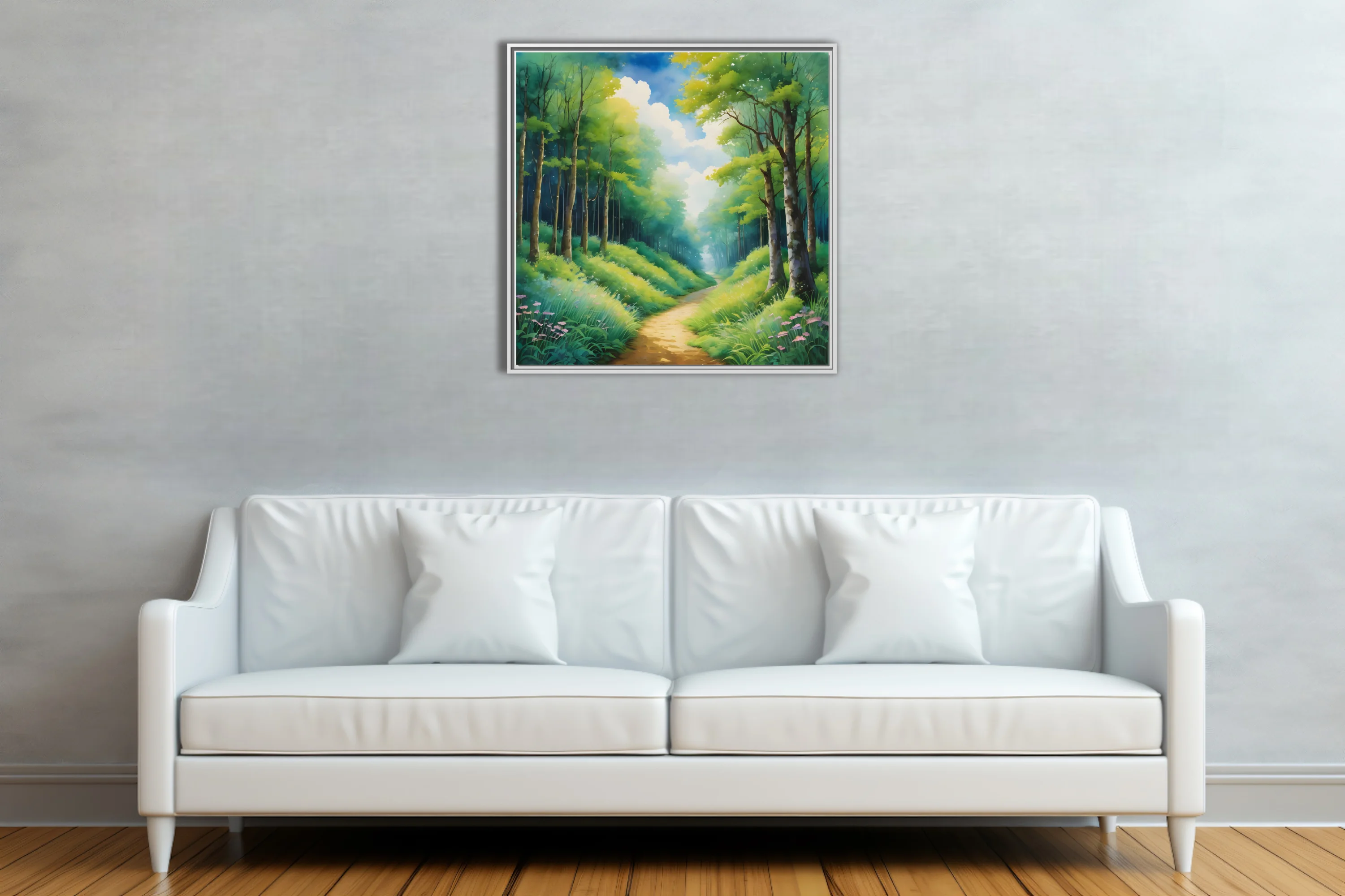 Watercolor-style forest path with lush green trees, wildflowers, and soft glowing sky