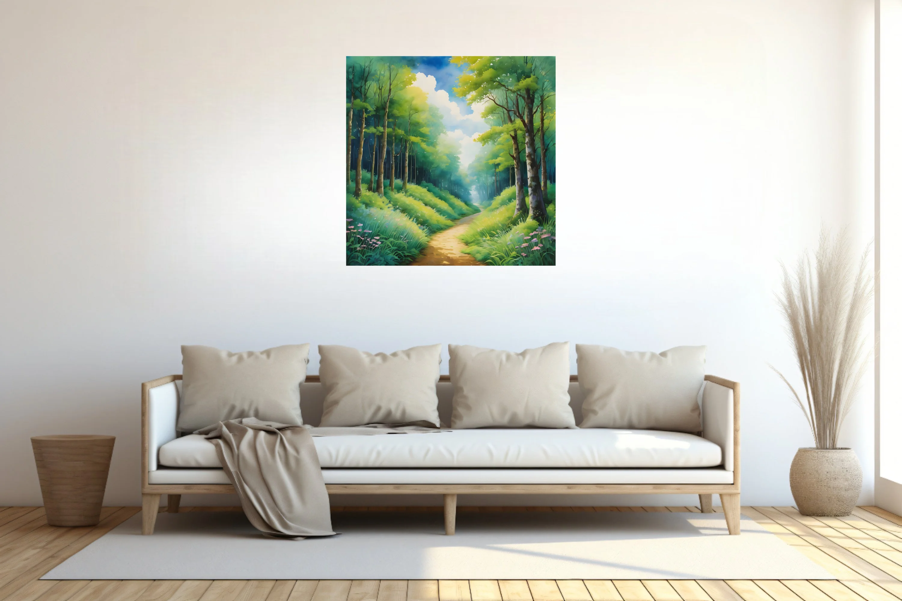 Watercolor-style forest path with lush green trees, wildflowers, and soft glowing sky