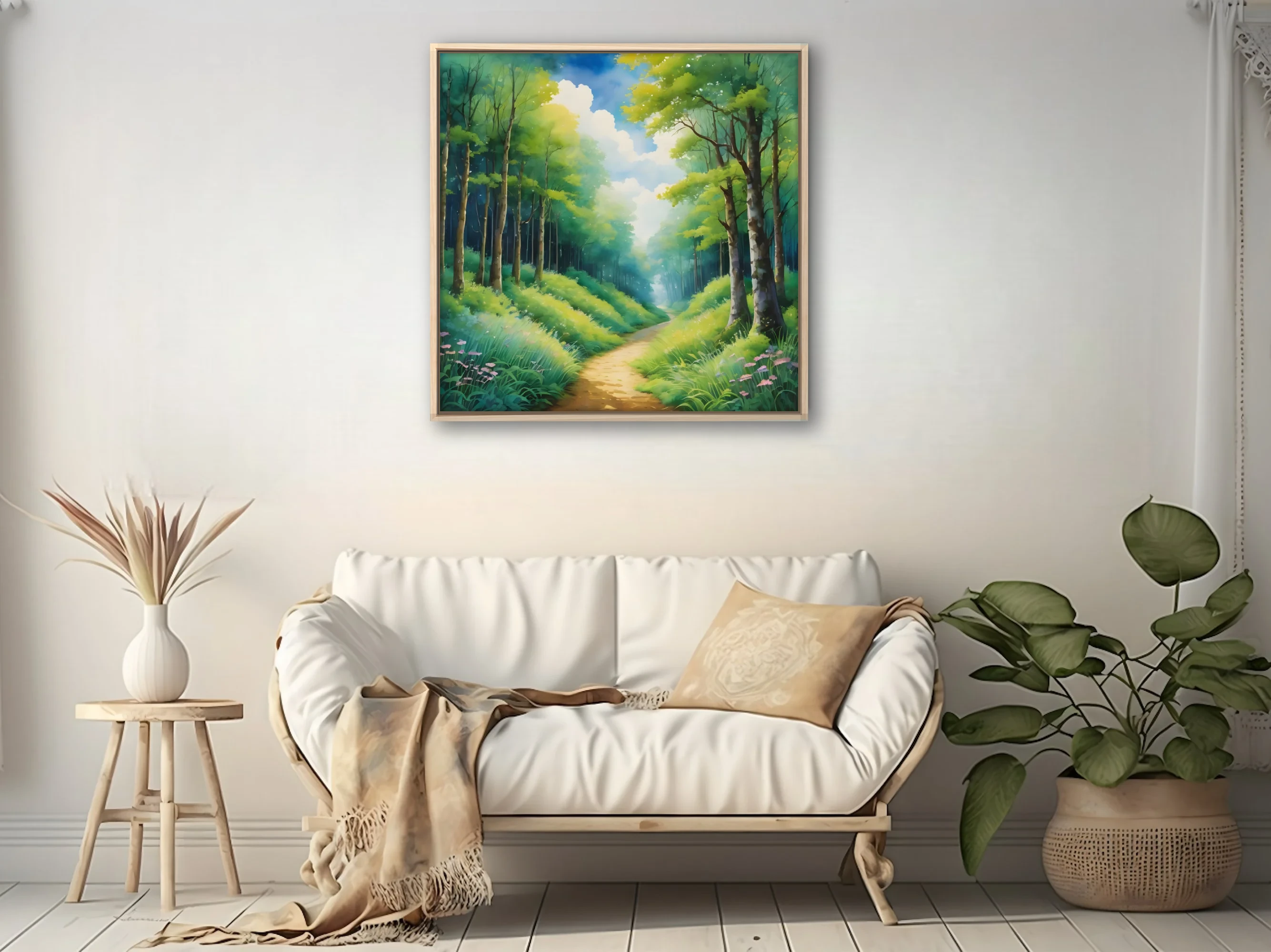 Watercolor-style forest path with lush green trees, wildflowers, and soft glowing sky