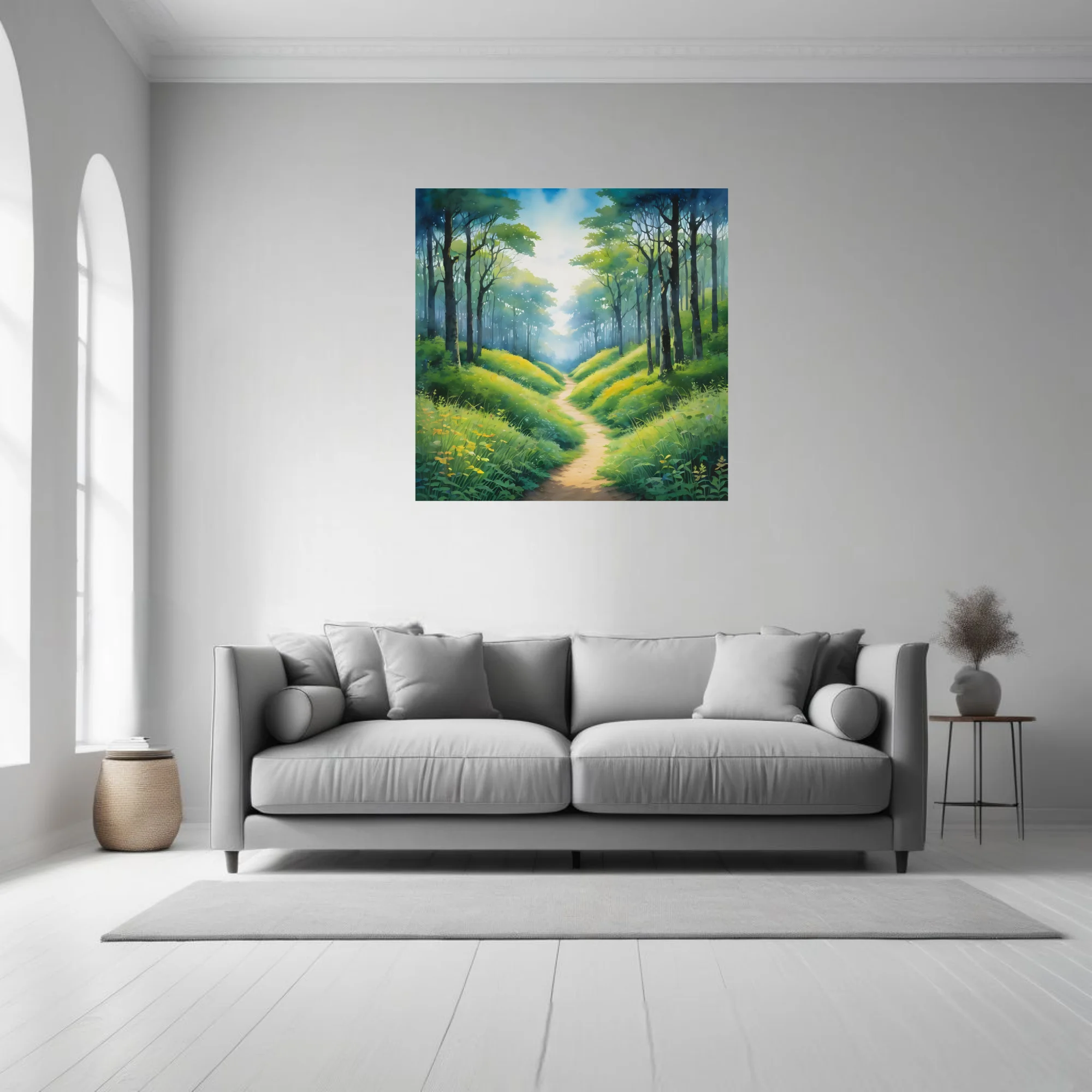 Watercolor-style forest path with lush green undergrowth and soft ethereal light