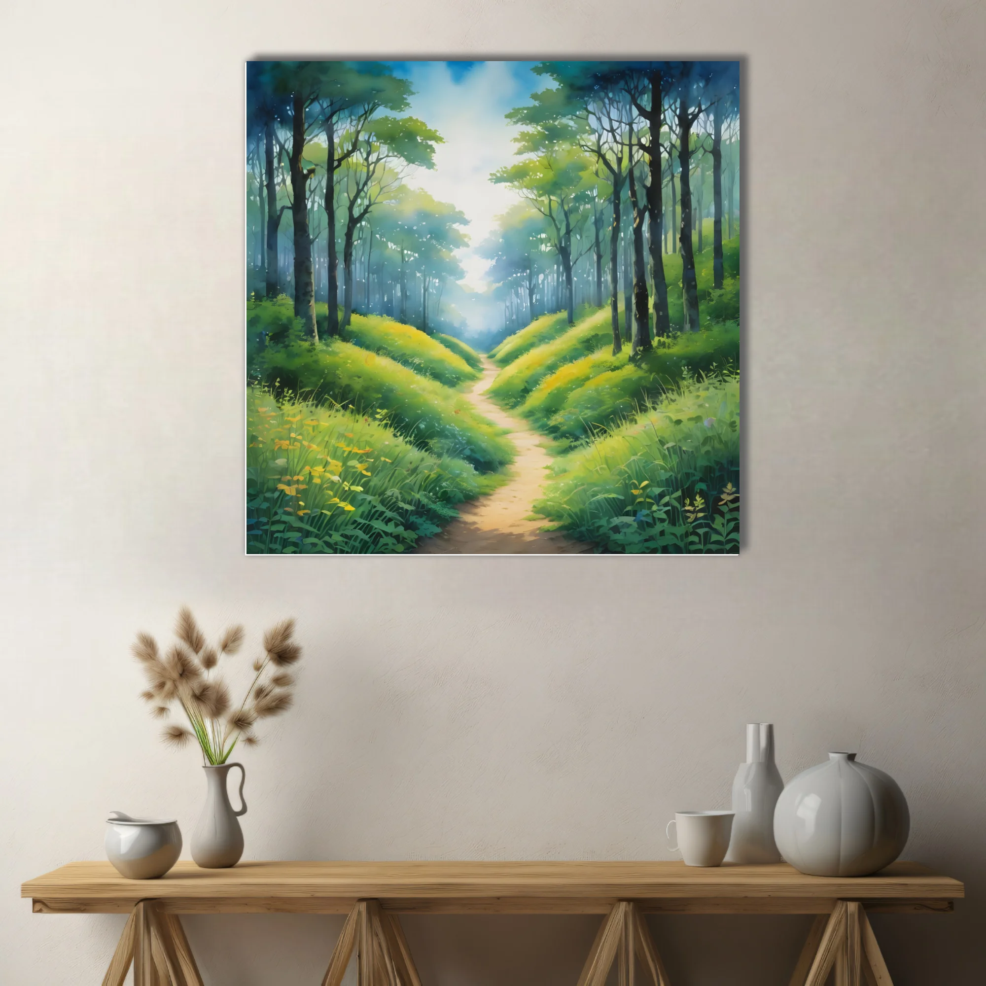 Watercolor-style forest path with lush green undergrowth and soft ethereal light