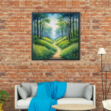 Watercolor-style forest path with lush green undergrowth and soft ethereal light
