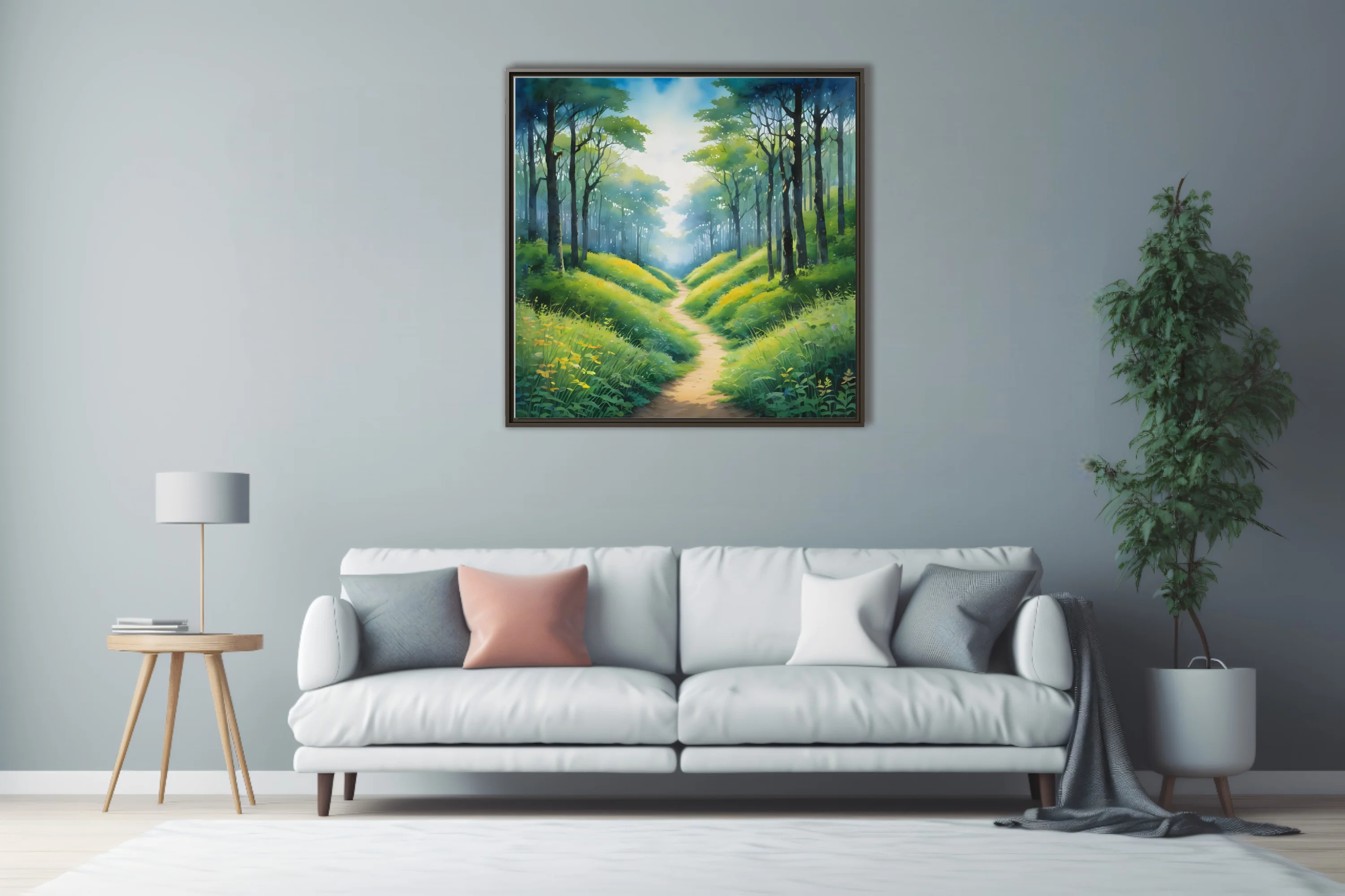 Watercolor-style forest path with lush green undergrowth and soft ethereal light