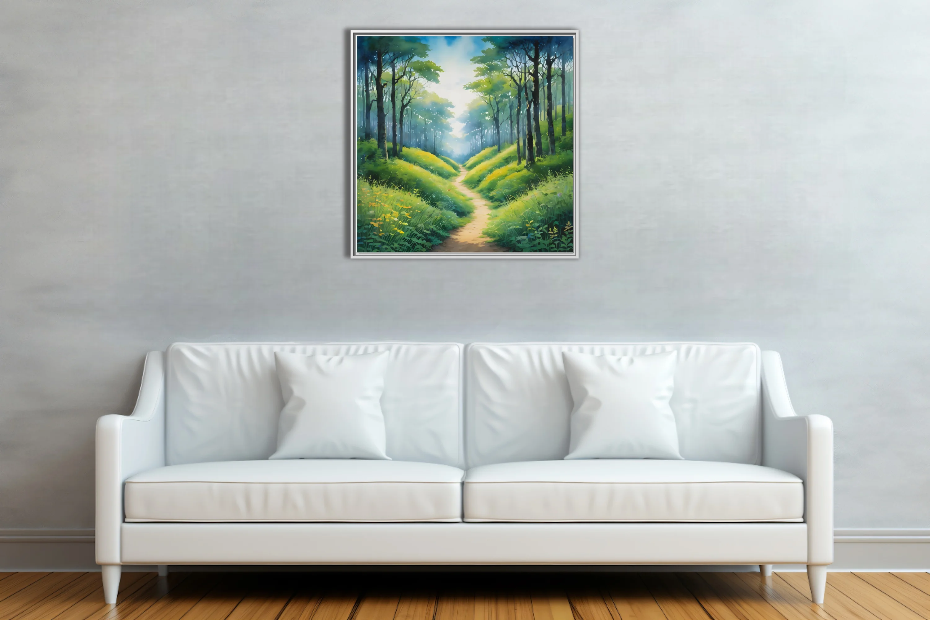 Watercolor-style forest path with lush green undergrowth and soft ethereal light