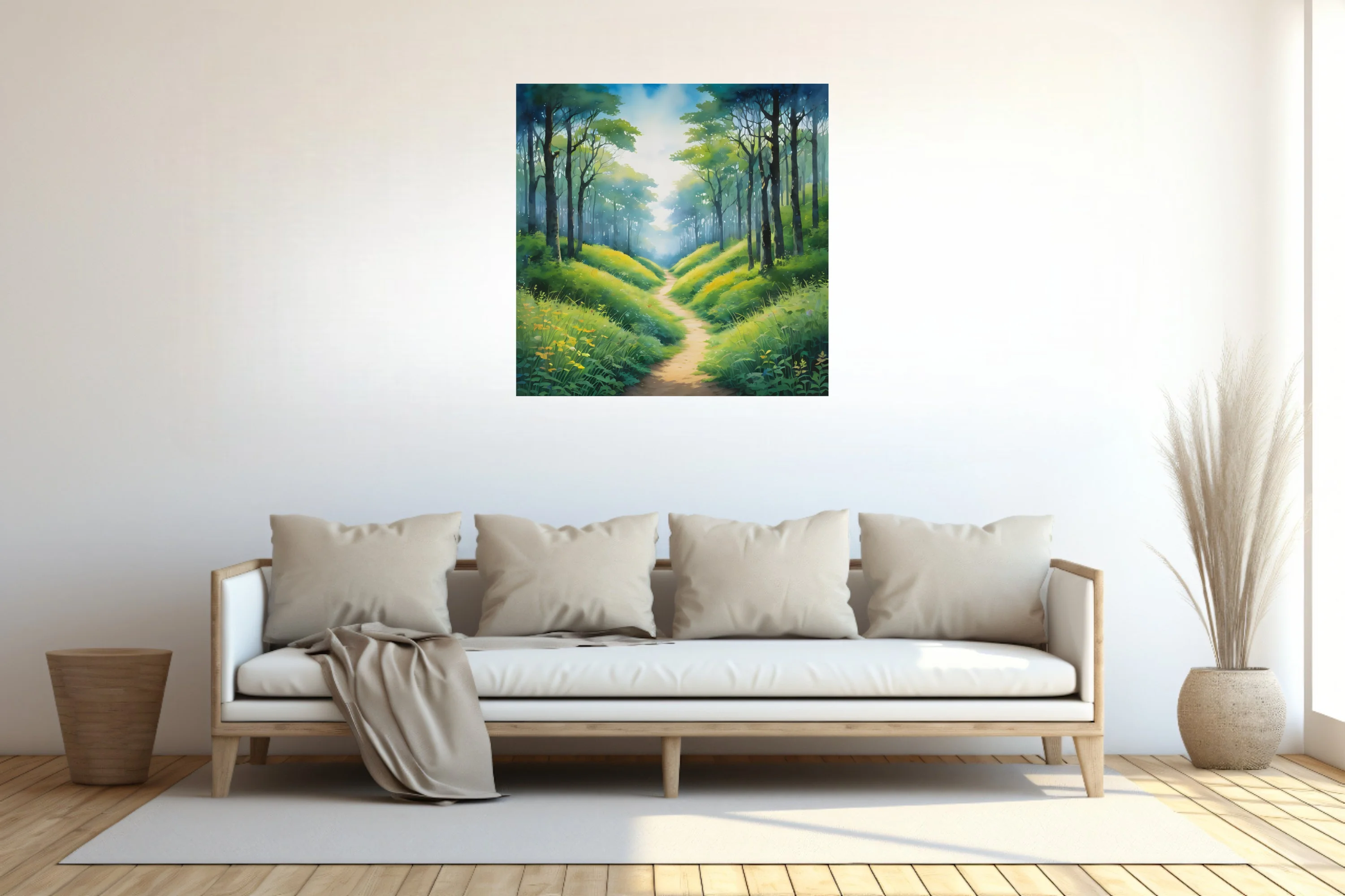 Watercolor-style forest path with lush green undergrowth and soft ethereal light