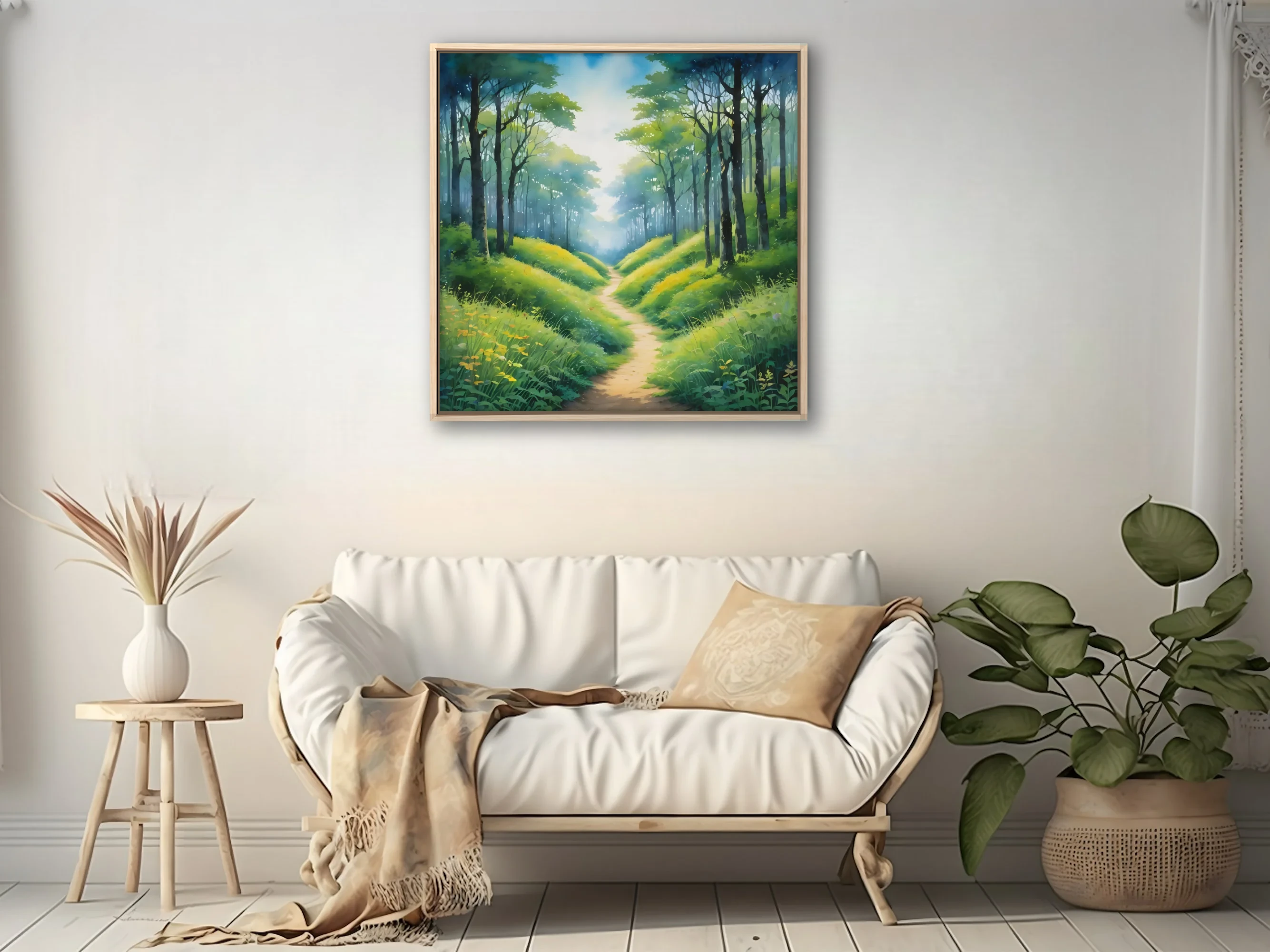 Watercolor-style forest path with lush green undergrowth and soft ethereal light