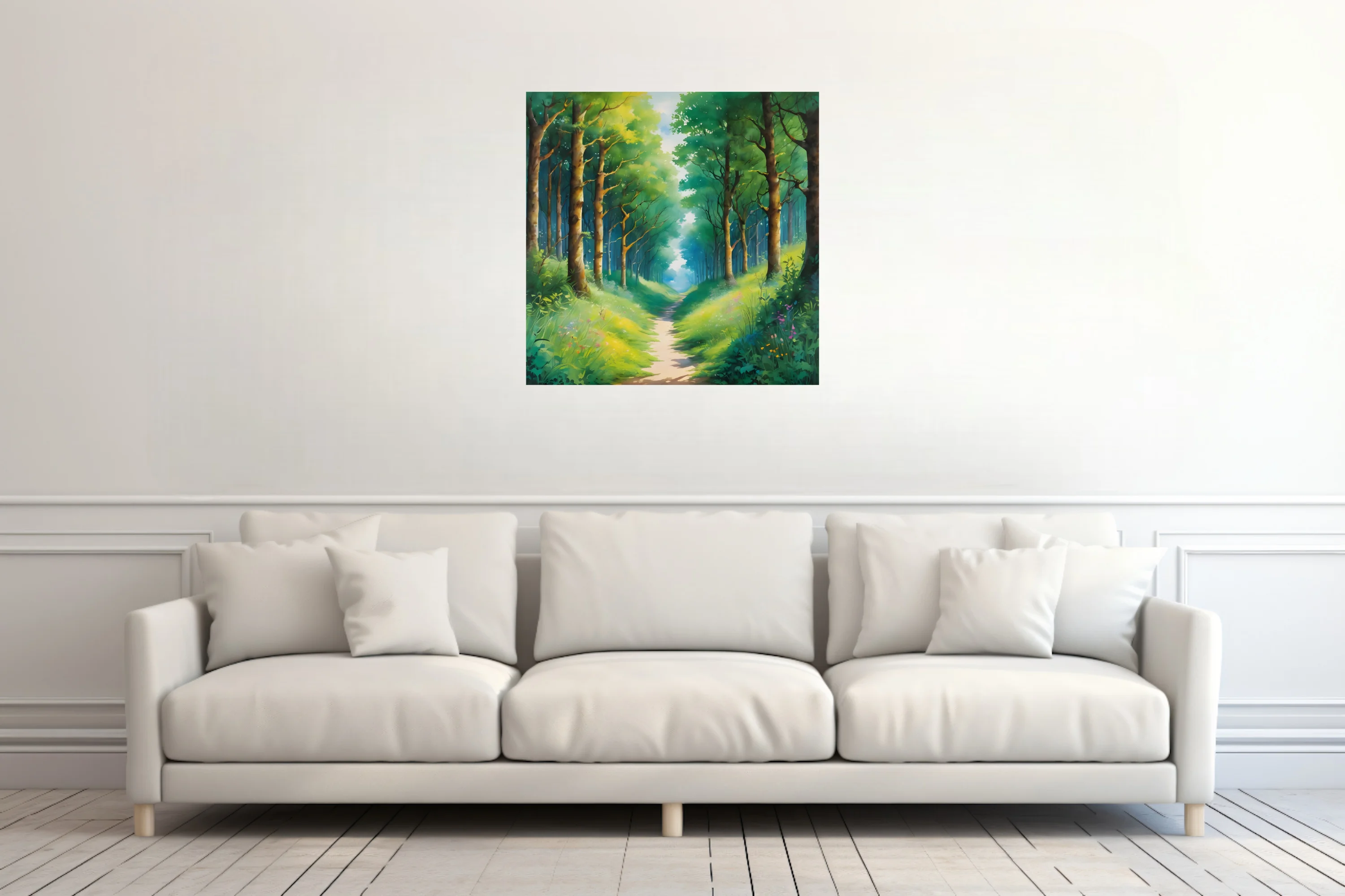 Dreamy woodland path landscape in lush greens and soft teal, watercolor-style forest wall art