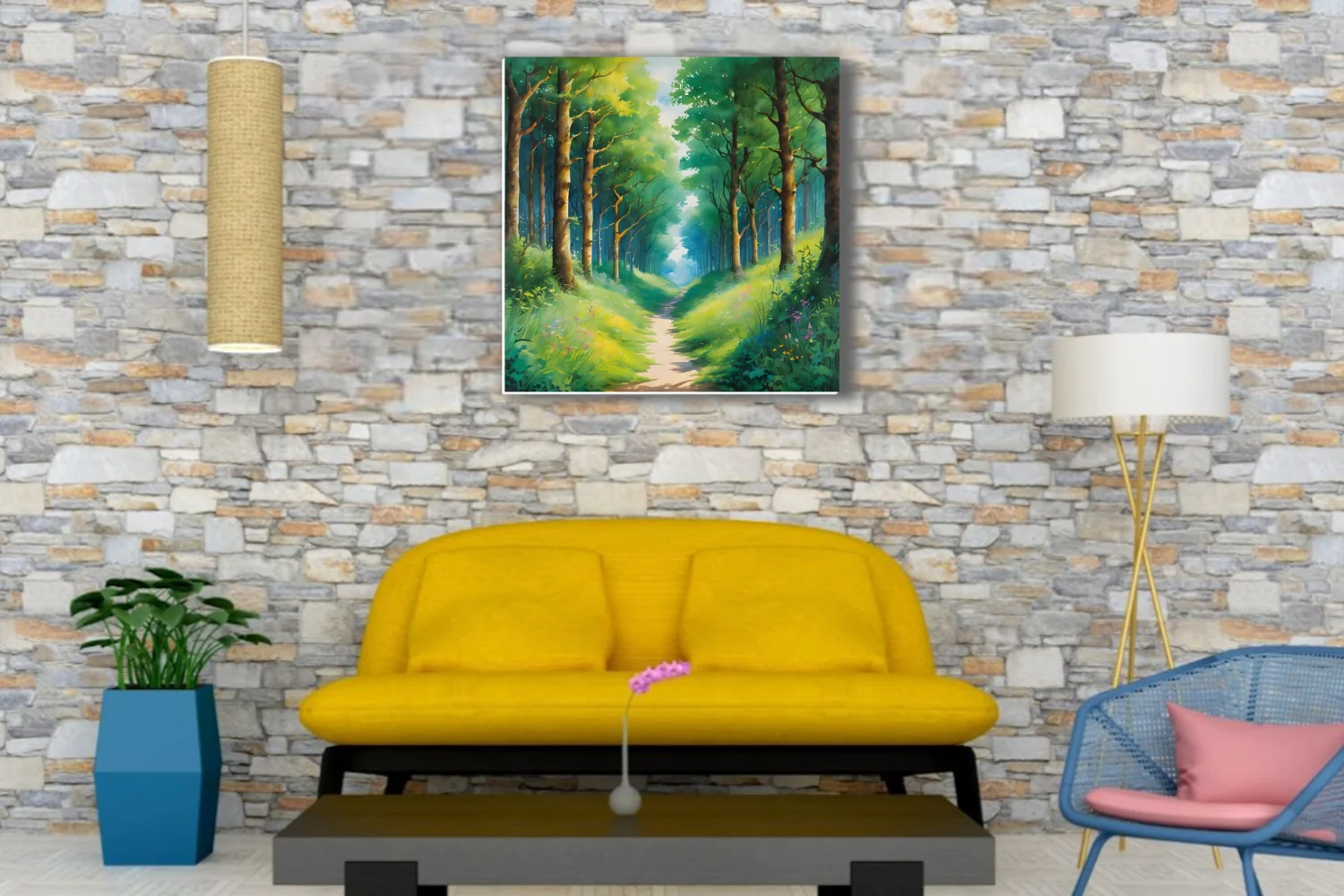 Dreamy woodland path landscape in lush greens and soft teal, watercolor-style forest wall art
