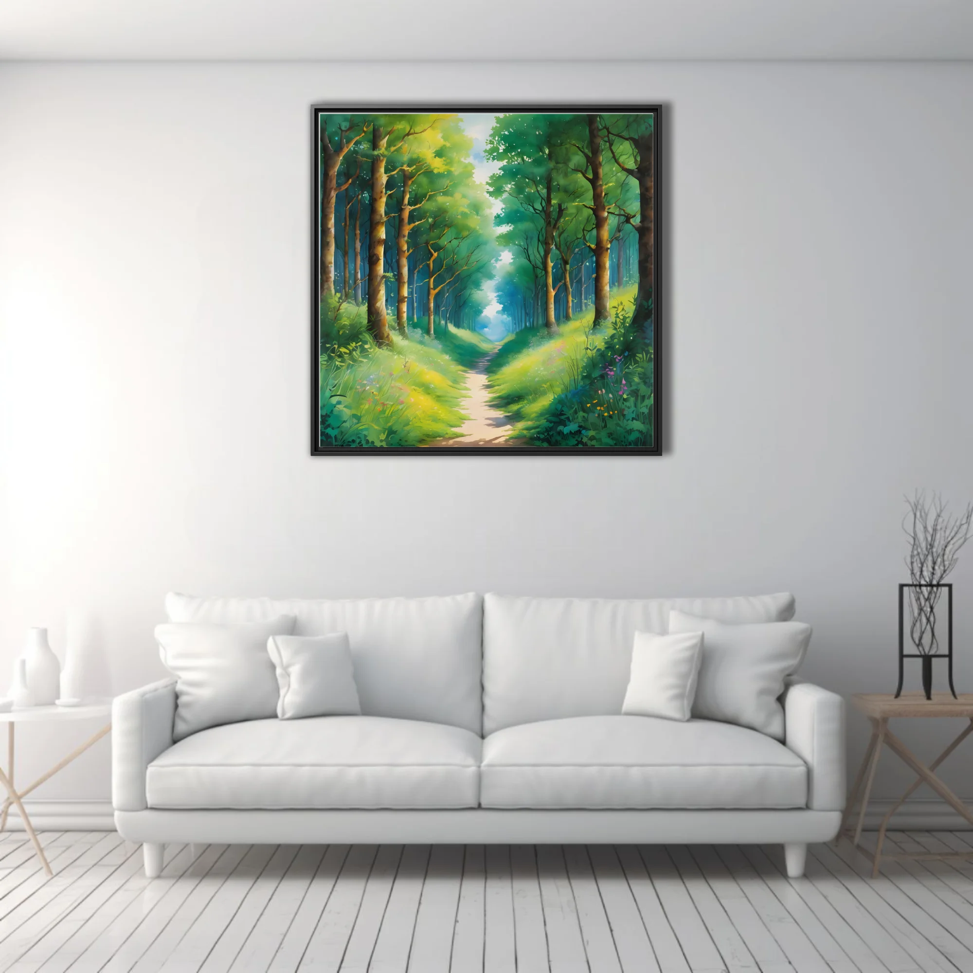 Dreamy woodland path landscape in lush greens and soft teal, watercolor-style forest wall art
