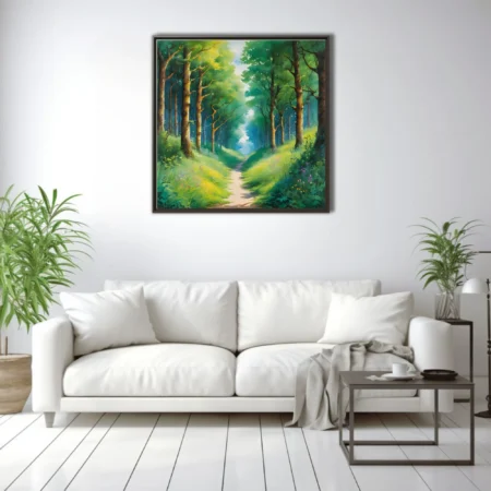 Dreamy woodland path landscape in lush greens and soft teal, watercolor-style forest wall art