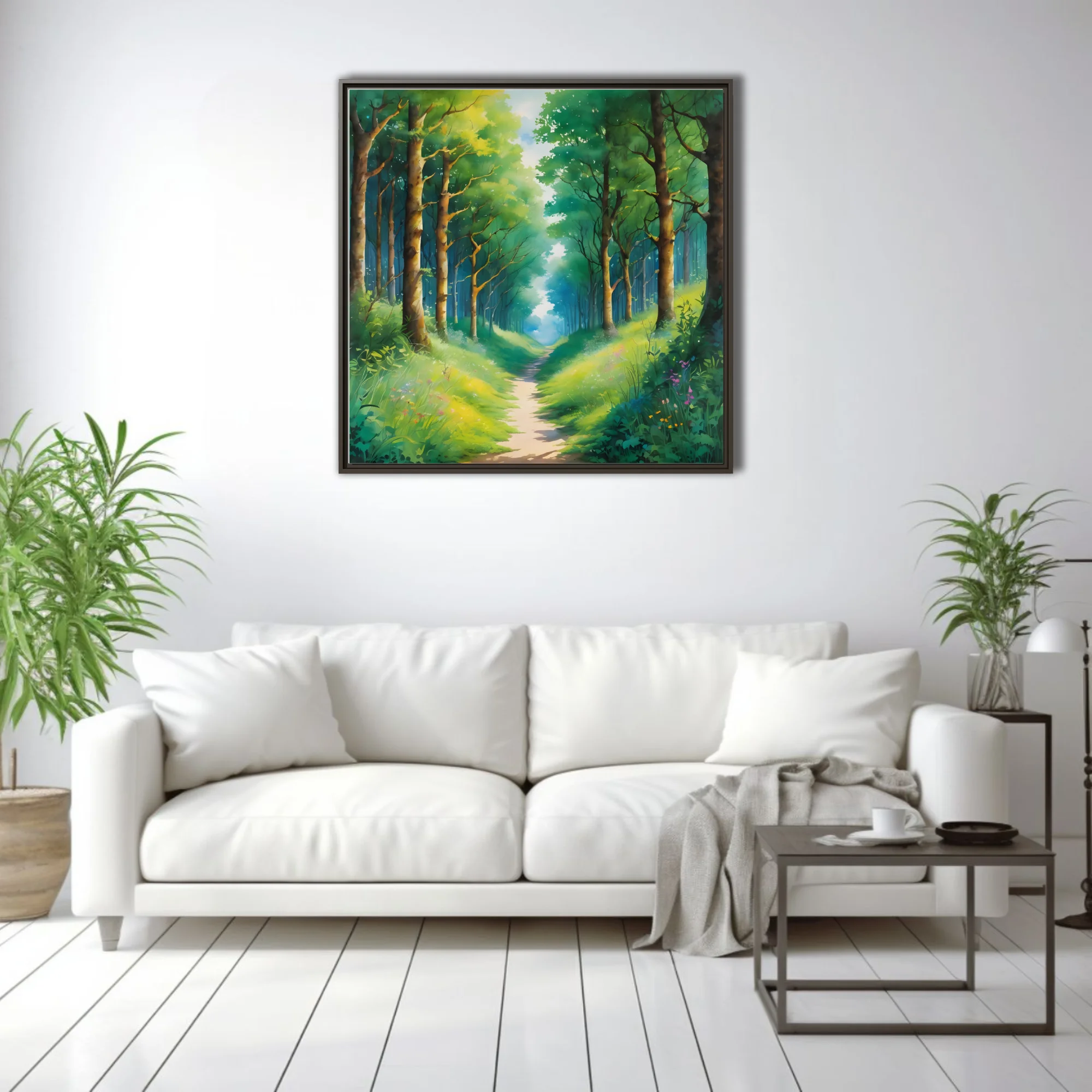 Dreamy woodland path landscape in lush greens and soft teal, watercolor-style forest wall art
