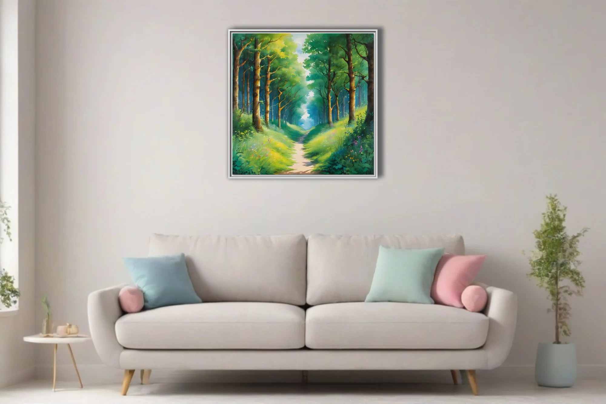Dreamy woodland path landscape in lush greens and soft teal, watercolor-style forest wall art
