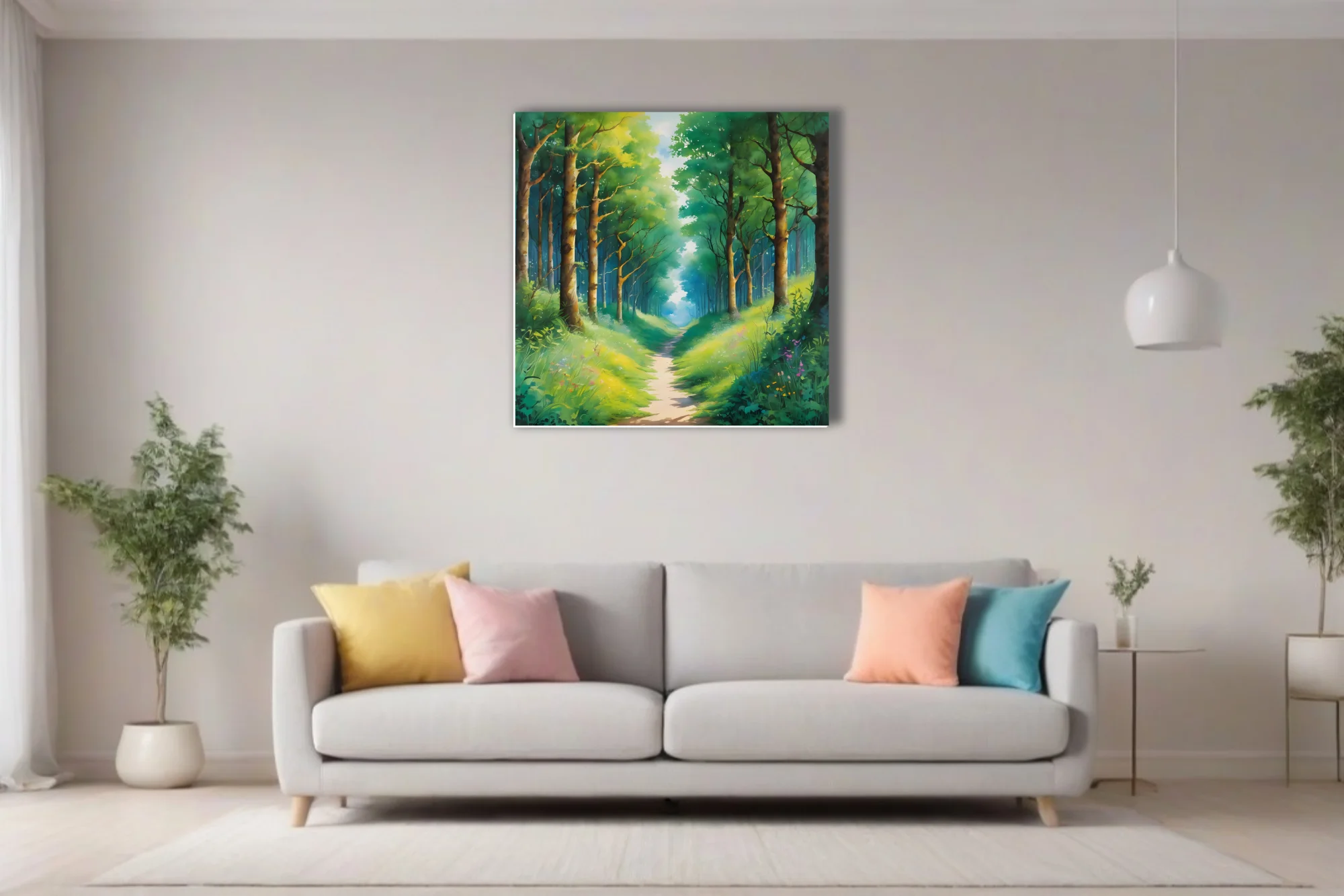 Dreamy woodland path landscape in lush greens and soft teal, watercolor-style forest wall art
