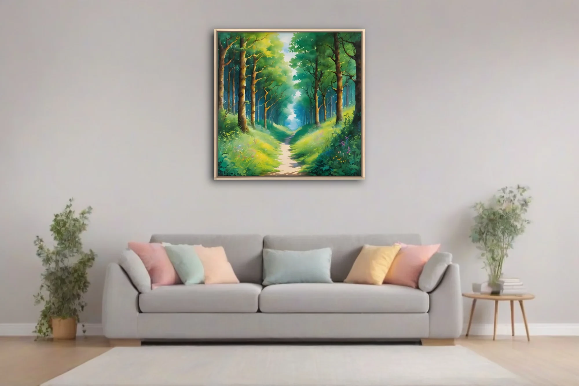 Dreamy woodland path landscape in lush greens and soft teal, watercolor-style forest wall art