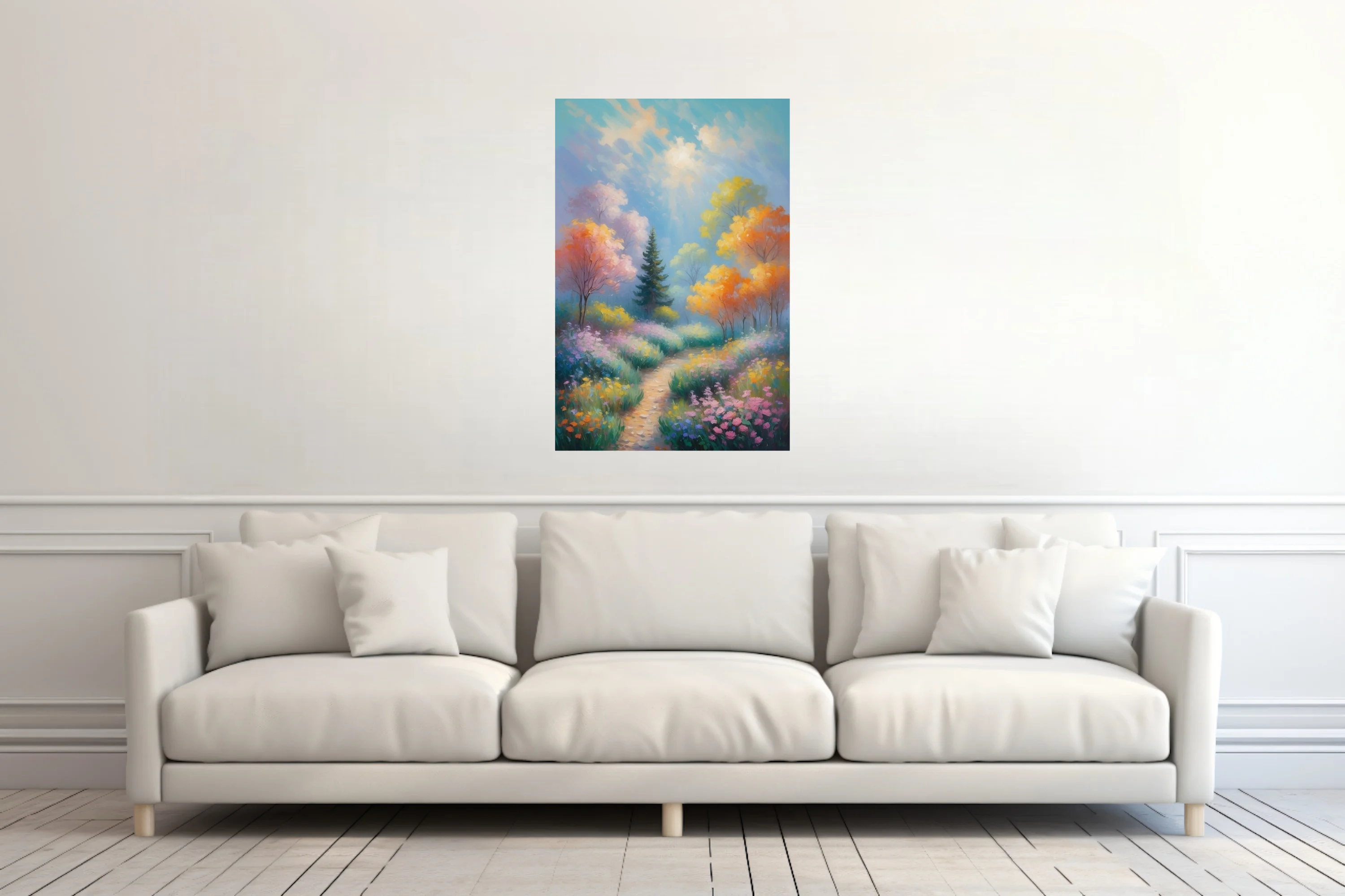 Soft painterly garden path through wildflowers and pastel trees under luminous sunlit sky