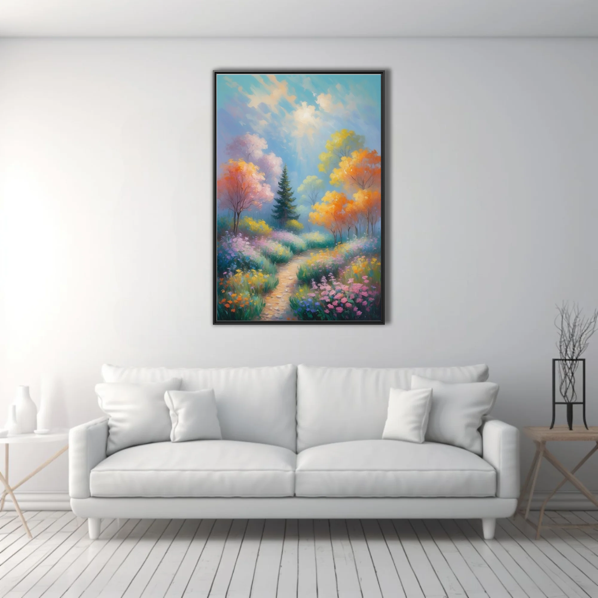 Soft painterly garden path through wildflowers and pastel trees under luminous sunlit sky