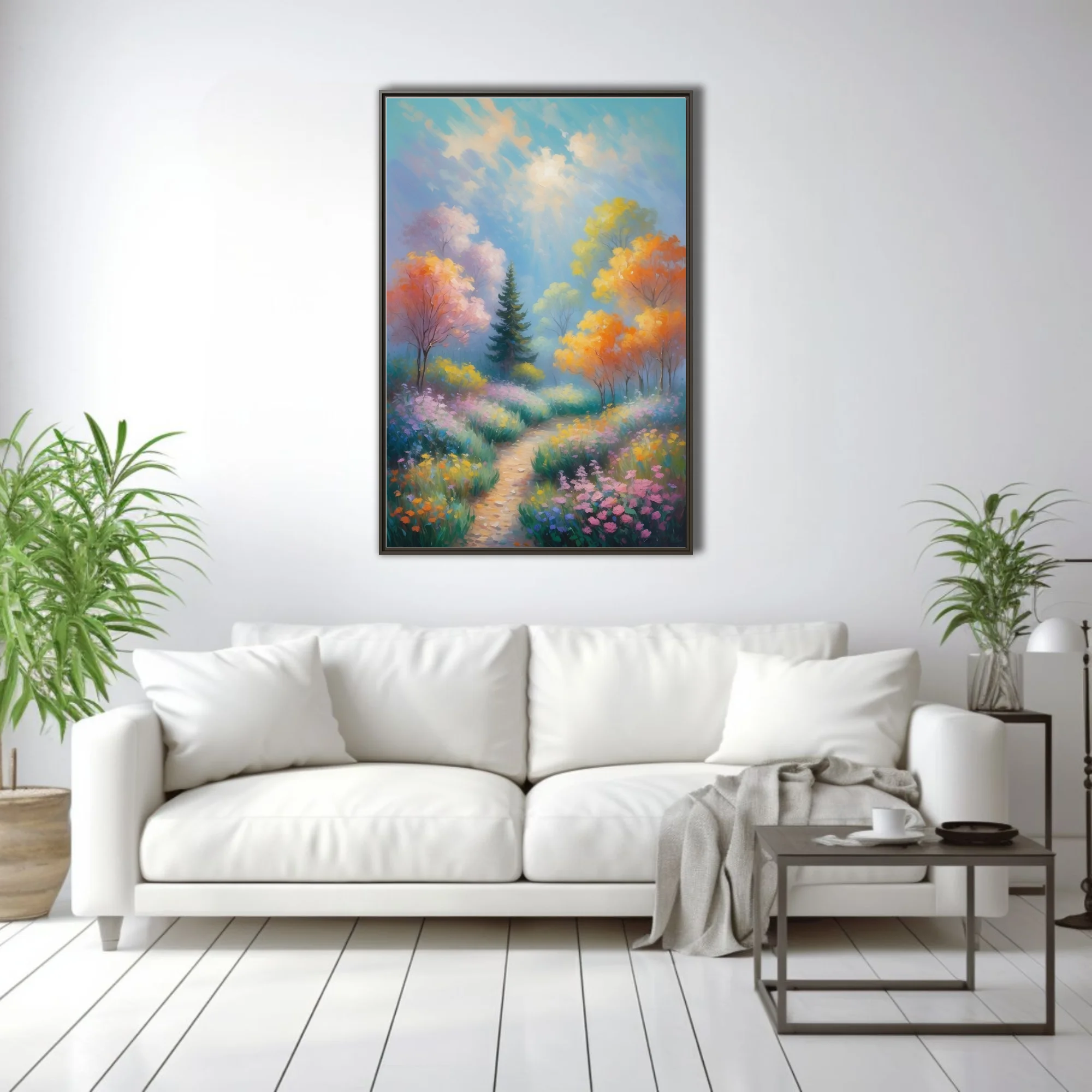 Soft painterly garden path through wildflowers and pastel trees under luminous sunlit sky