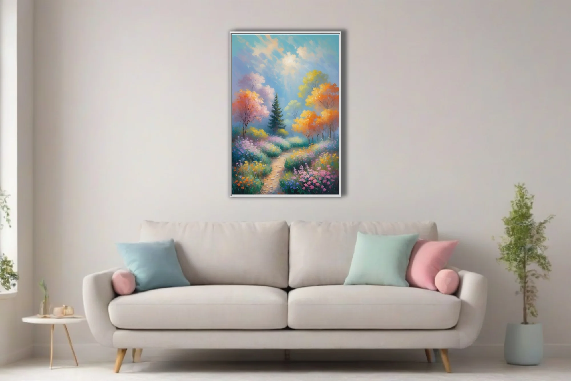 Soft painterly garden path through wildflowers and pastel trees under luminous sunlit sky