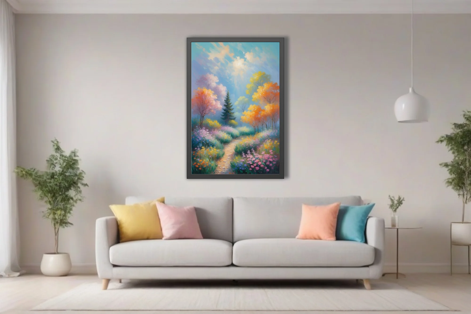 Soft painterly garden path through wildflowers and pastel trees under luminous sunlit sky