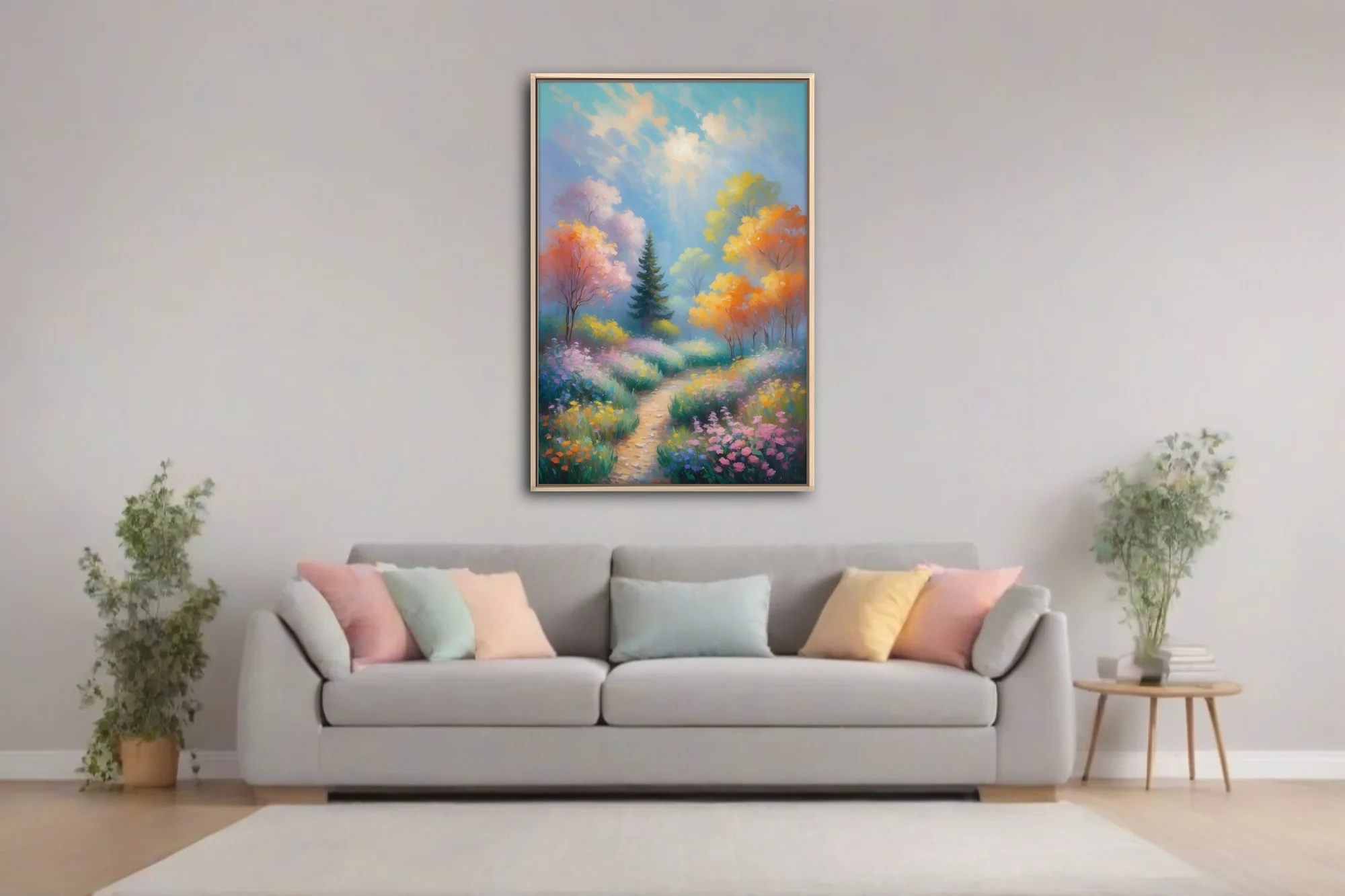Soft painterly garden path through wildflowers and pastel trees under luminous sunlit sky