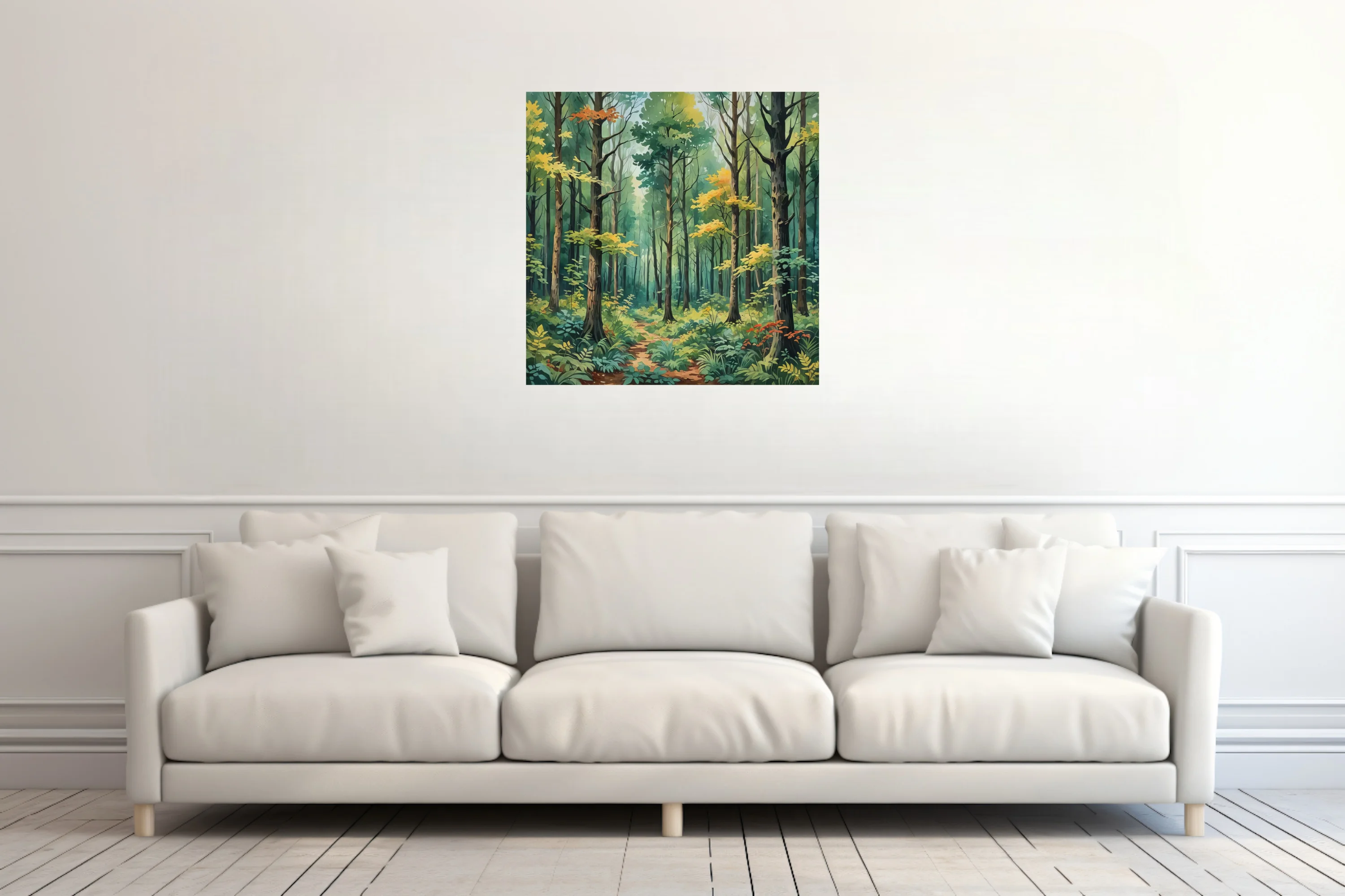 Watercolor-style forest scene with lush green canopy, golden foliage, and winding woodland path