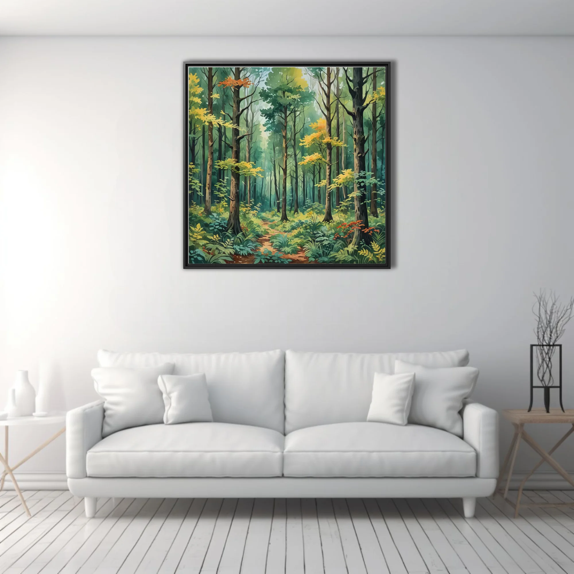 Watercolor-style forest scene with lush green canopy, golden foliage, and winding woodland path