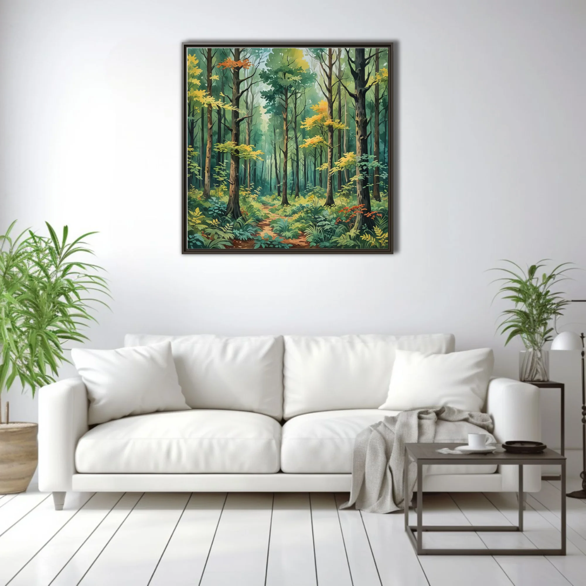 Watercolor-style forest scene with lush green canopy, golden foliage, and winding woodland path
