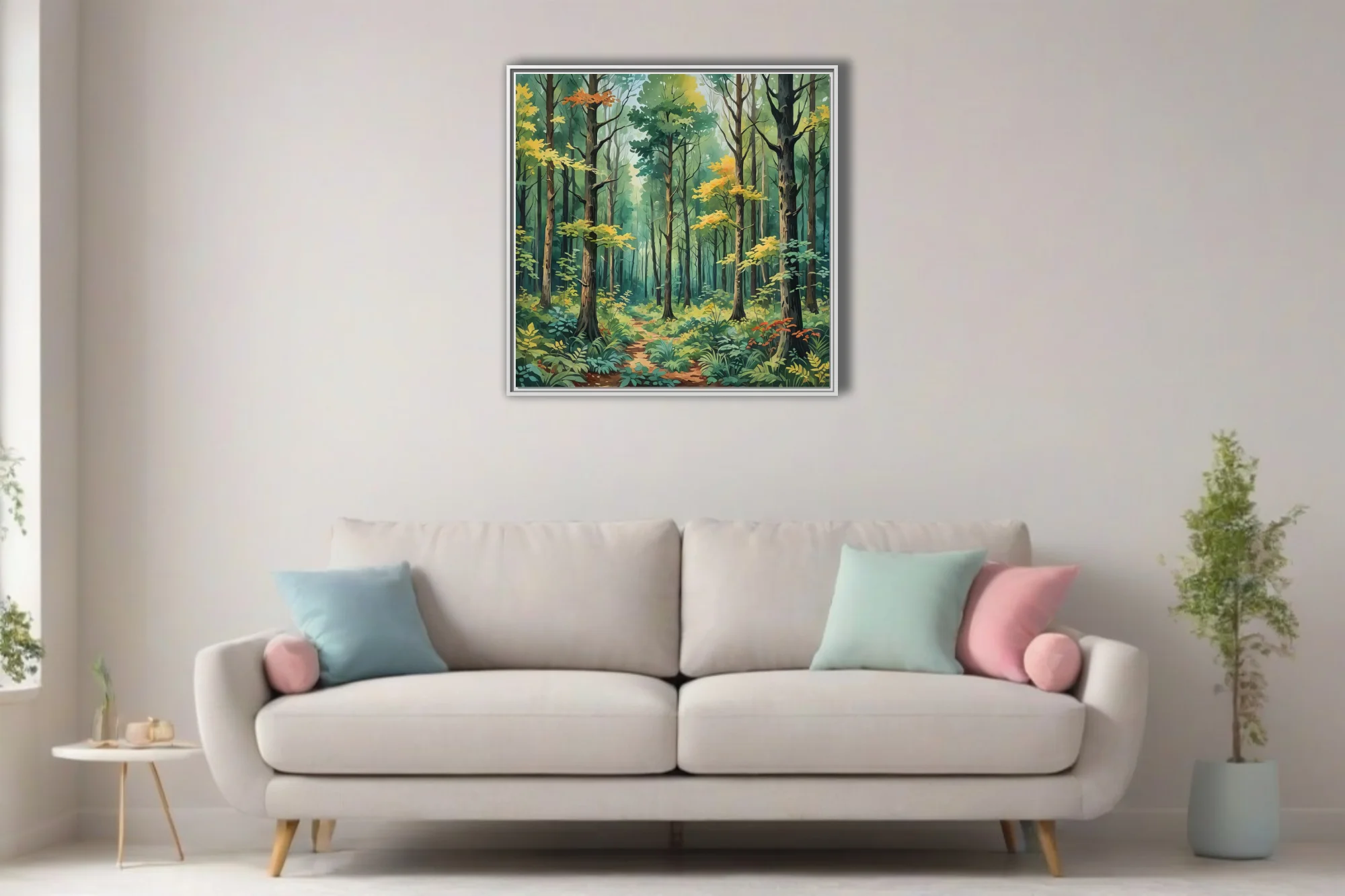 Watercolor-style forest scene with lush green canopy, golden foliage, and winding woodland path