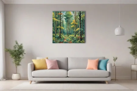 Watercolor-style forest scene with lush green canopy, golden foliage, and winding woodland path