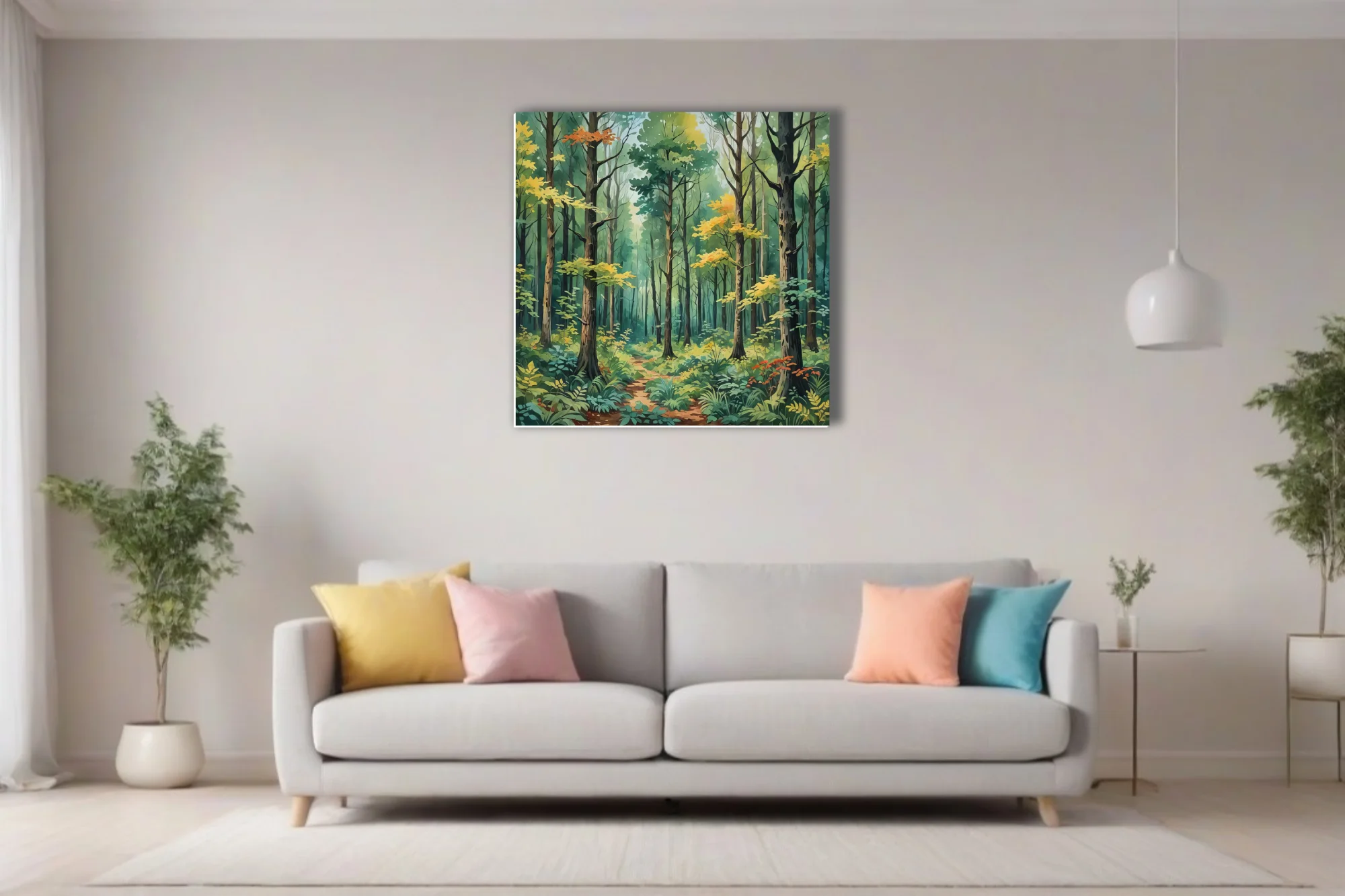 Watercolor-style forest scene with lush green canopy, golden foliage, and winding woodland path