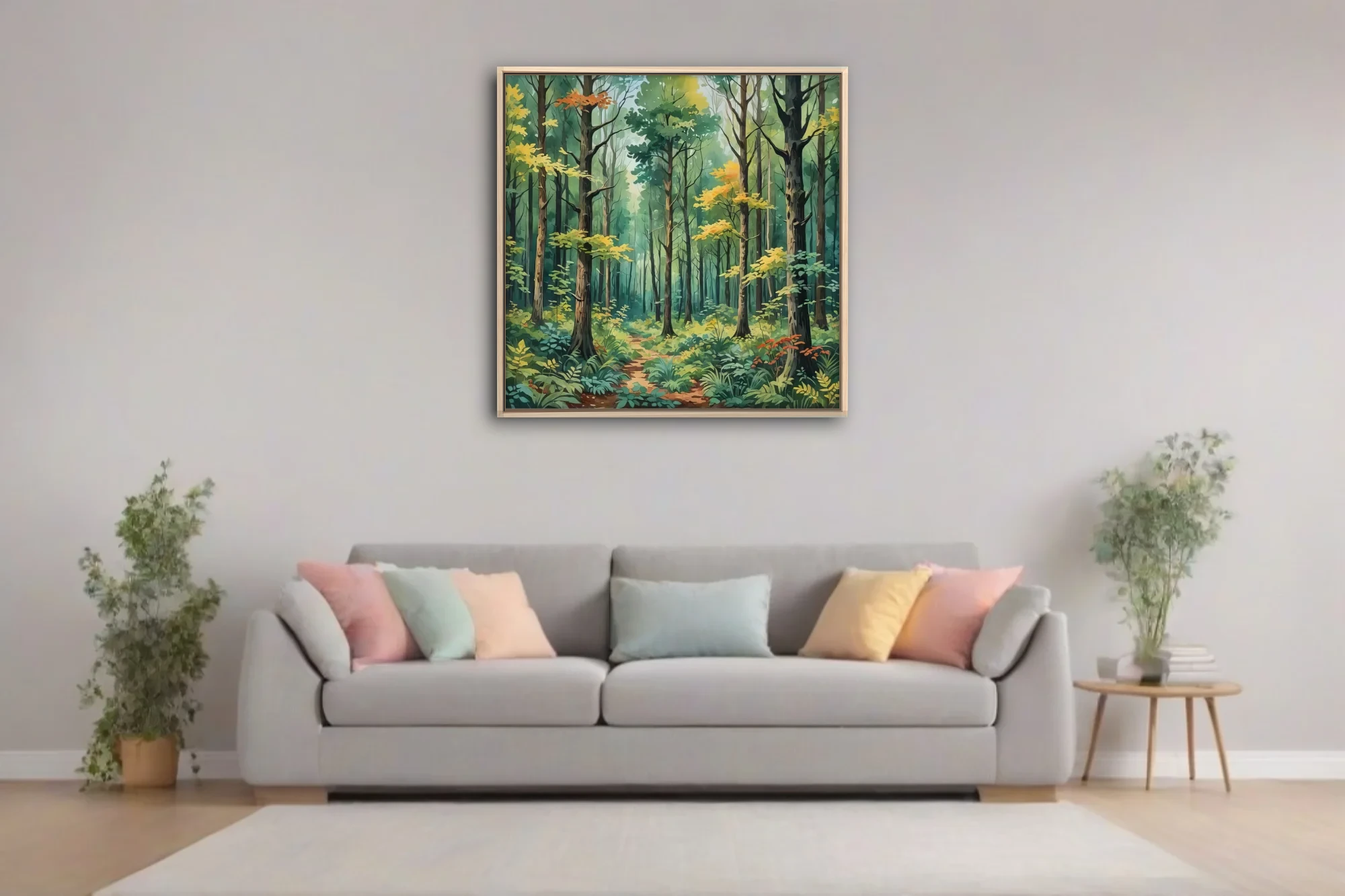Watercolor-style forest scene with lush green canopy, golden foliage, and winding woodland path