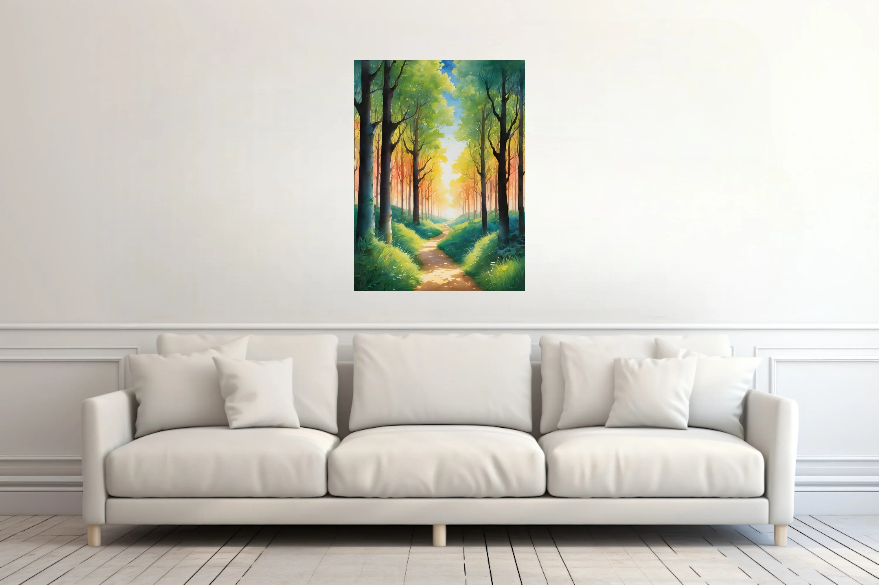 Watercolor-style glowing forest path with warm amber light and lush green canopy