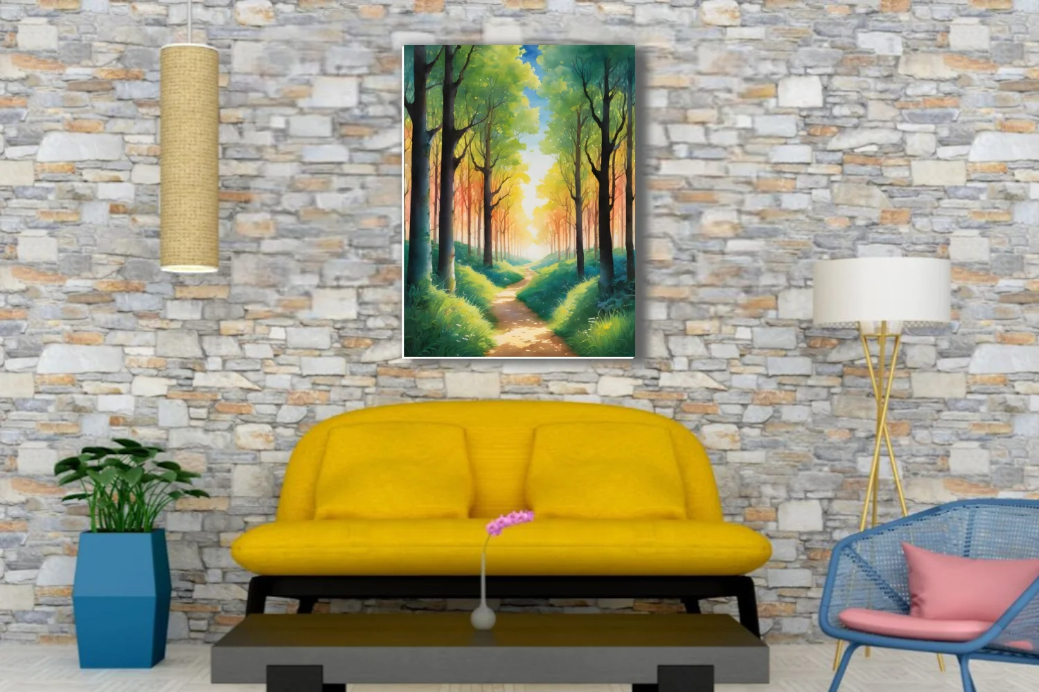 Watercolor-style glowing forest path with warm amber light and lush green canopy
