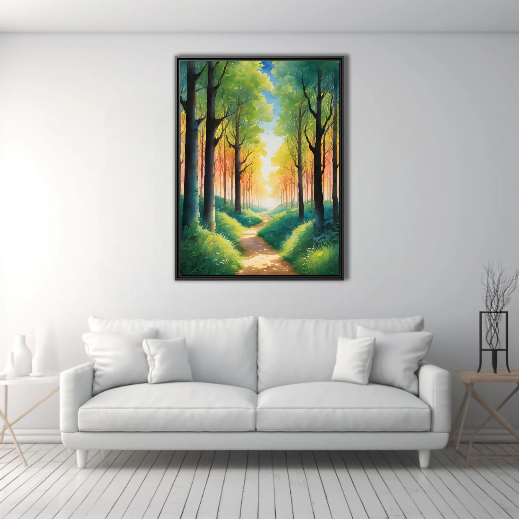Watercolor-style glowing forest path with warm amber light and lush green canopy