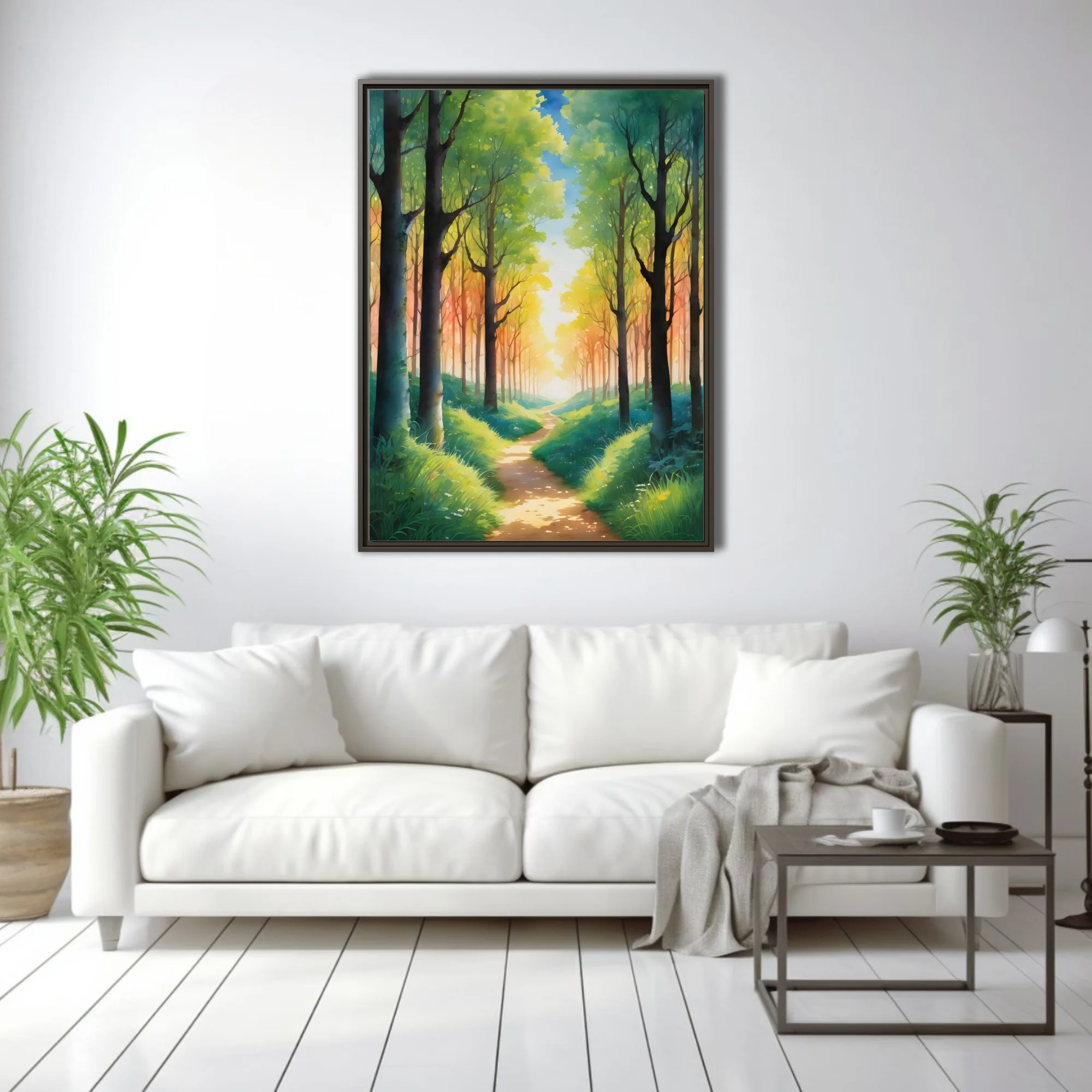 Watercolor-style glowing forest path with warm amber light and lush green canopy