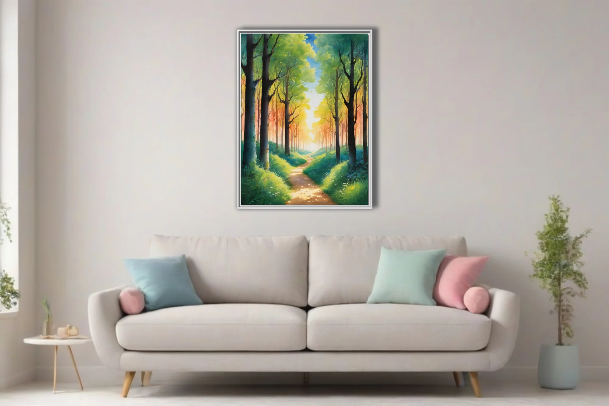 Watercolor-style glowing forest path with warm amber light and lush green canopy
