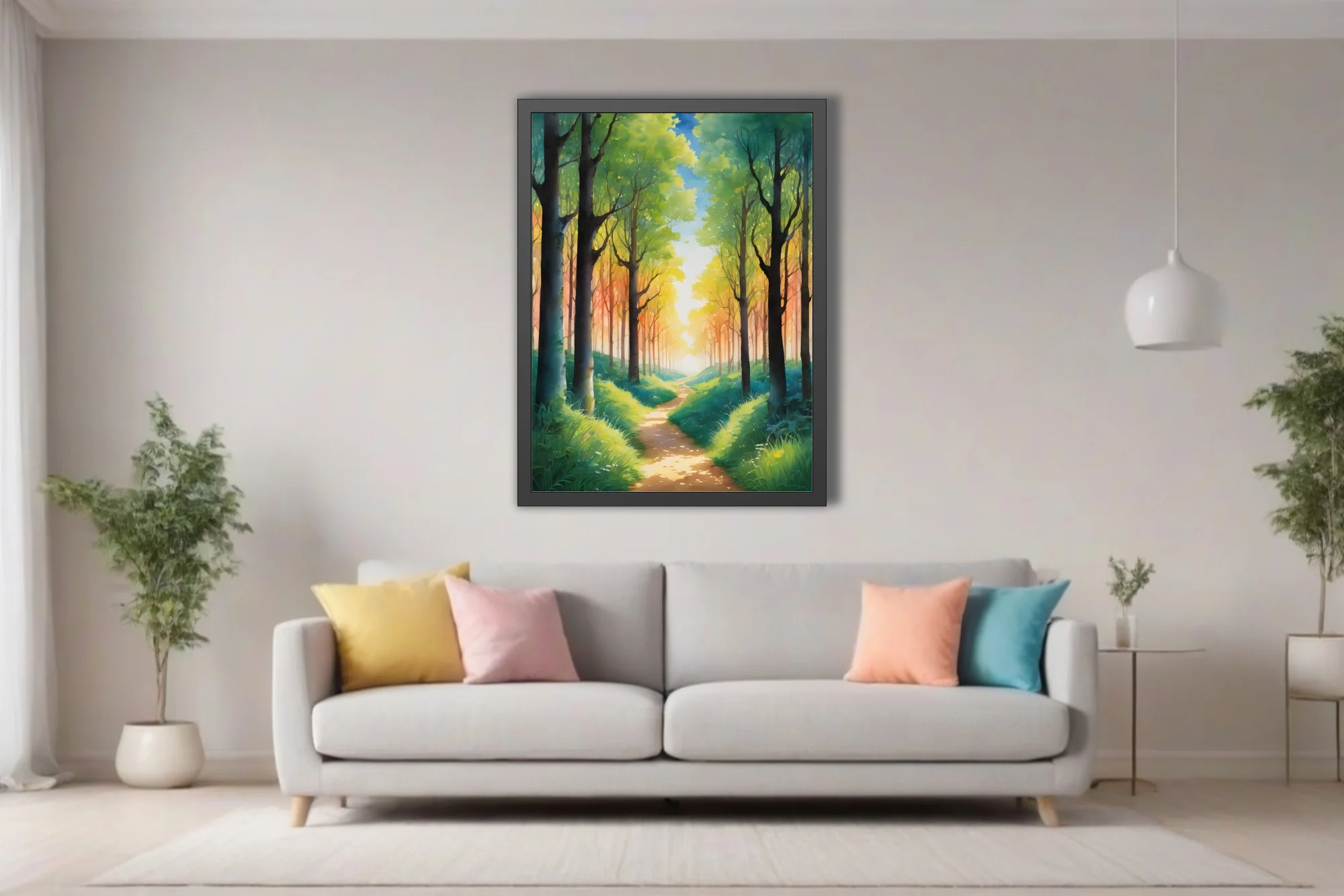 Watercolor-style glowing forest path with warm amber light and lush green canopy