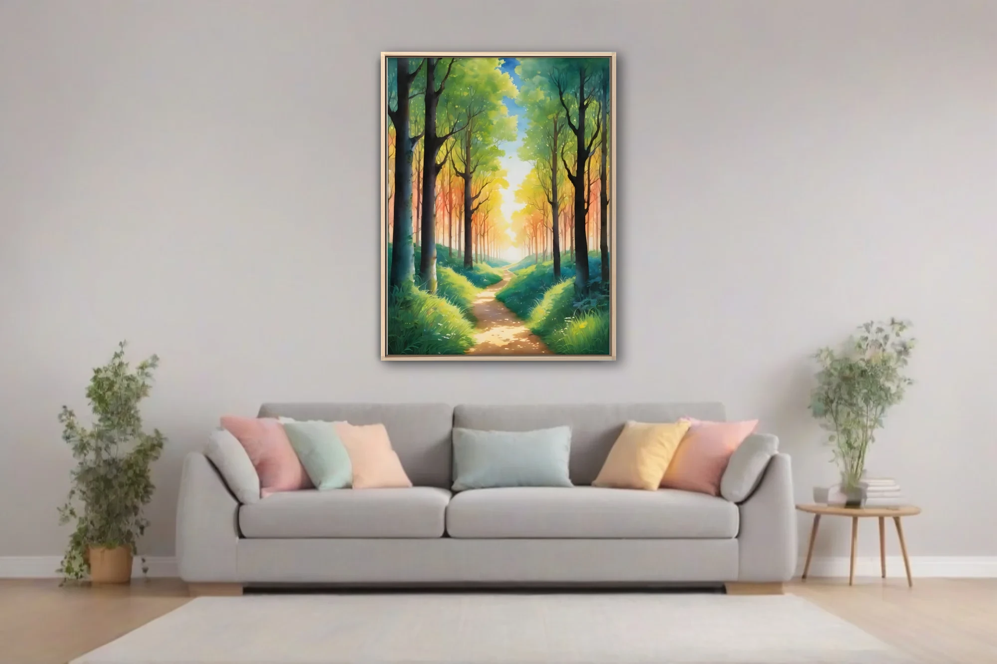 Watercolor-style glowing forest path with warm amber light and lush green canopy