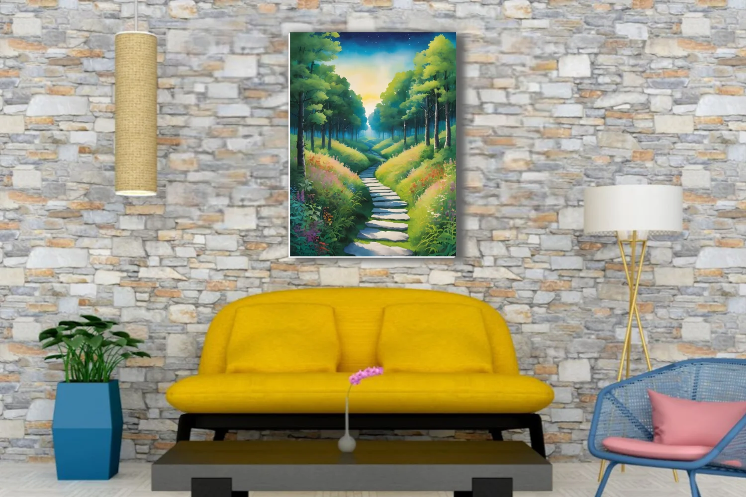Stylized fantasy forest path with stone steps, wildflowers, and glowing horizon