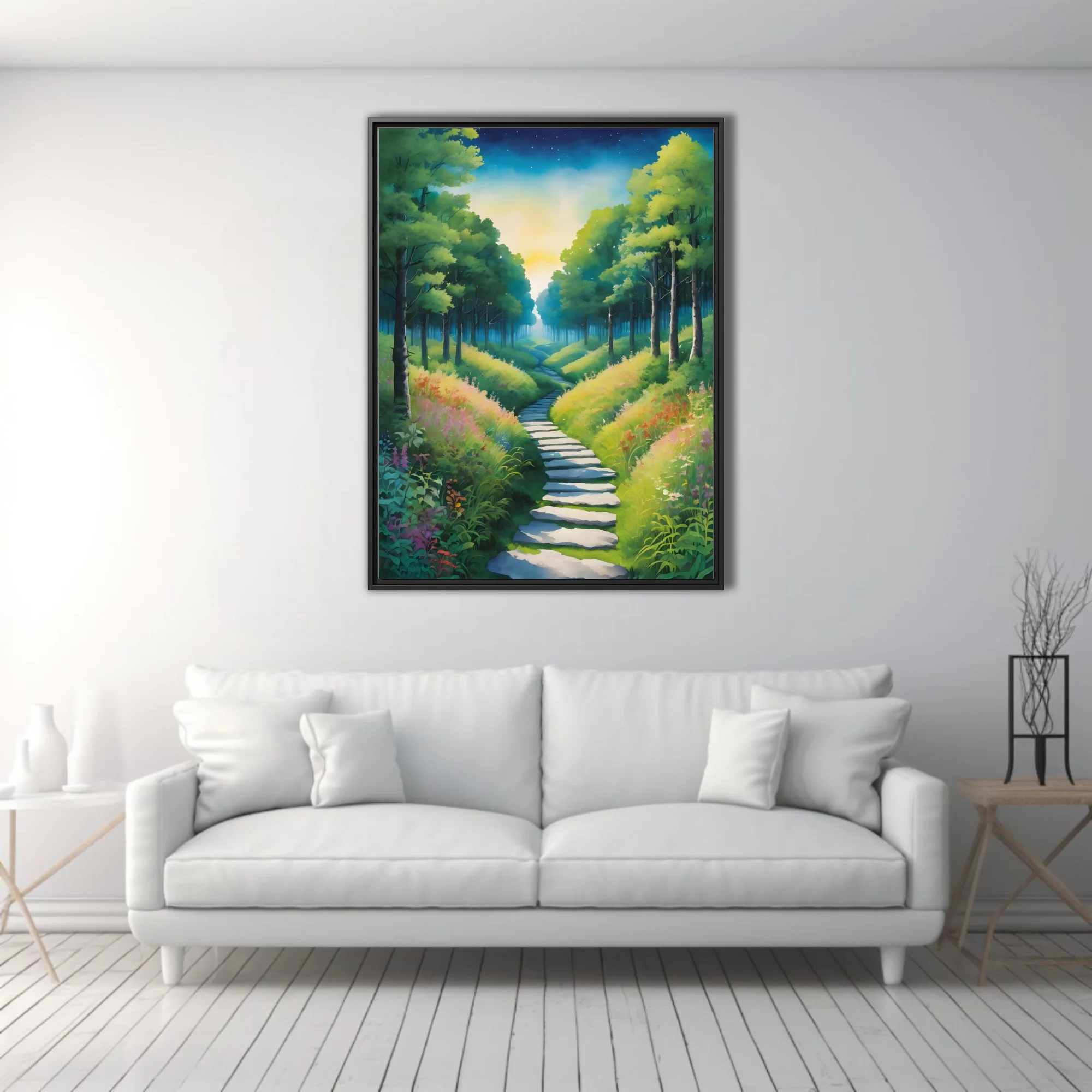 Stylized fantasy forest path with stone steps, wildflowers, and glowing horizon