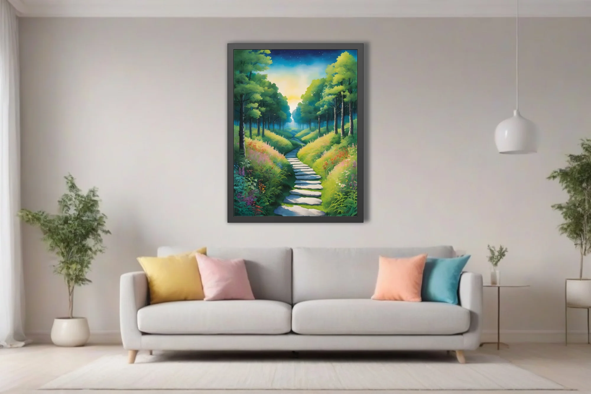 Stylized fantasy forest path with stone steps, wildflowers, and glowing horizon