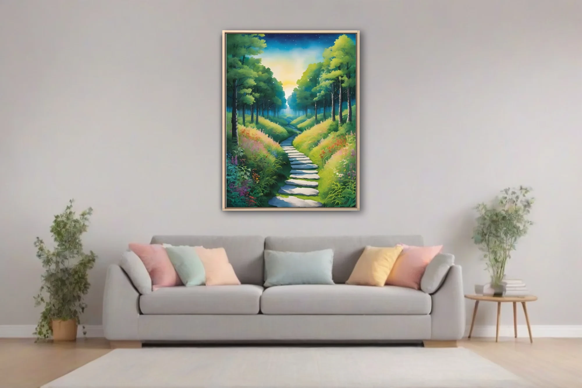 Stylized fantasy forest path with stone steps, wildflowers, and glowing horizon