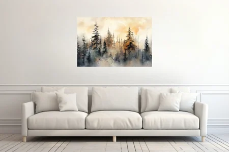 Watercolor-style misty pine forest with amber and grey washes, moody atmospheric landscape
