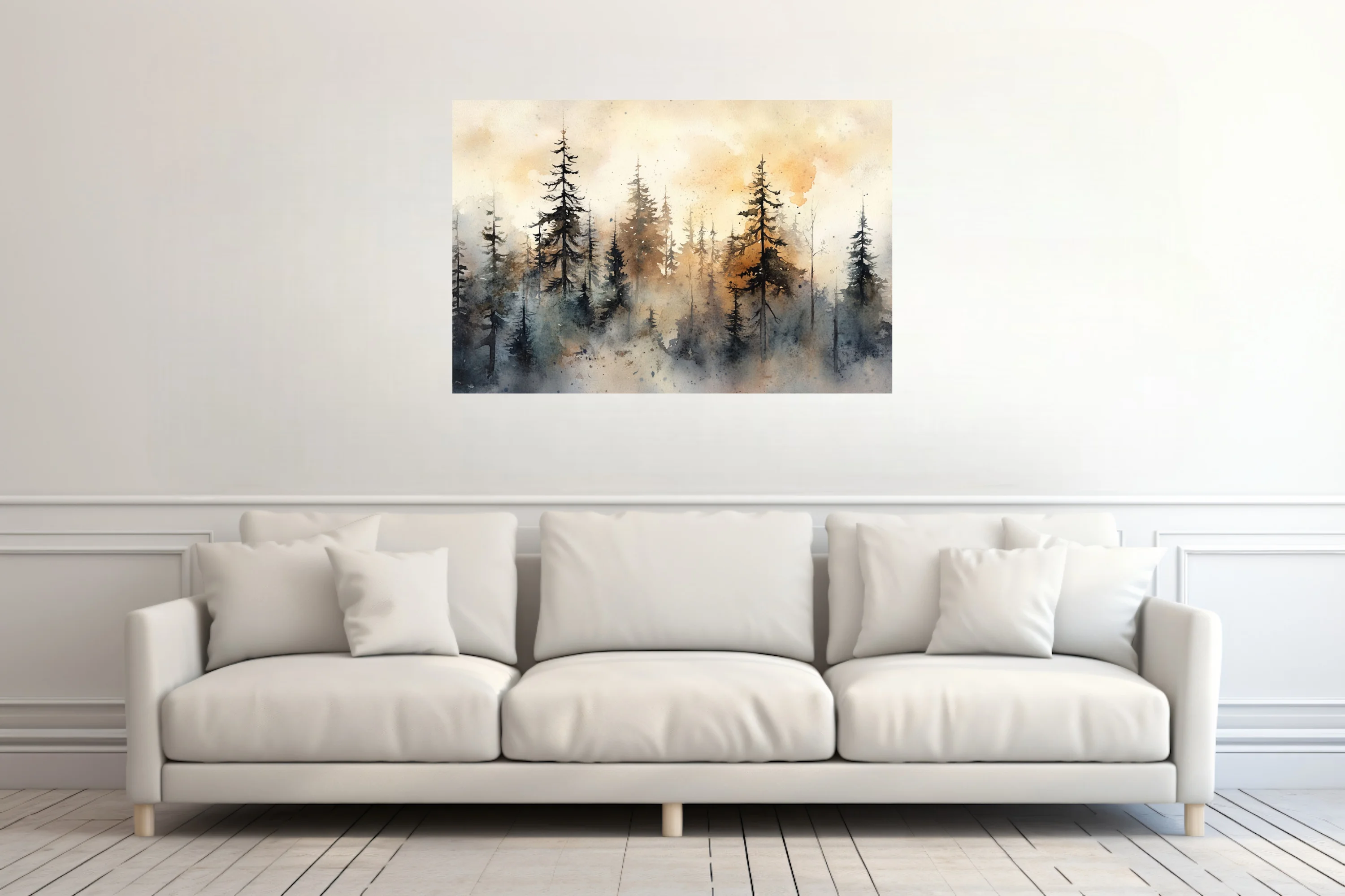 Watercolor-style misty pine forest with amber and grey washes, moody atmospheric landscape