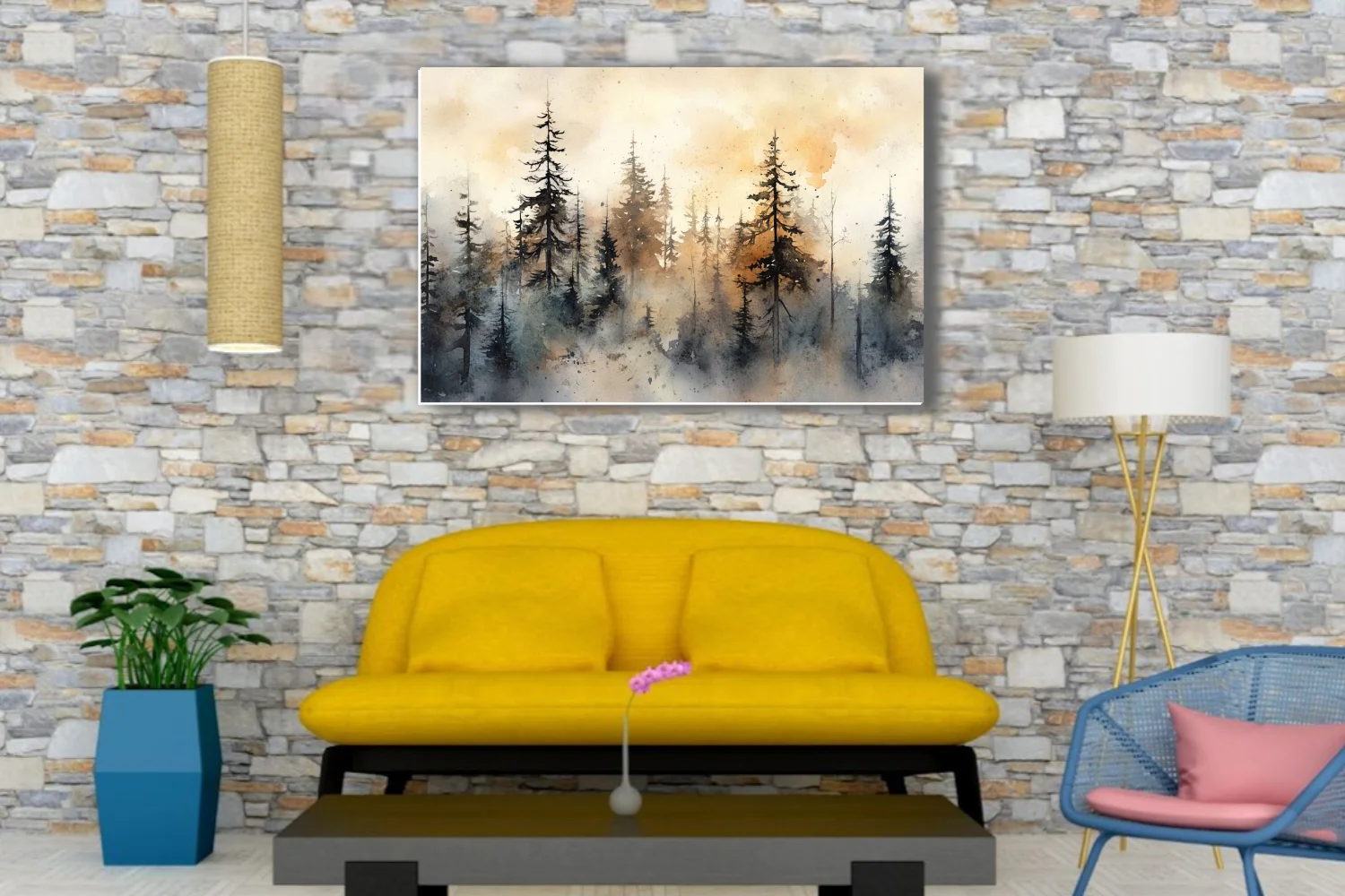 Watercolor-style misty pine forest with amber and grey washes, moody atmospheric landscape