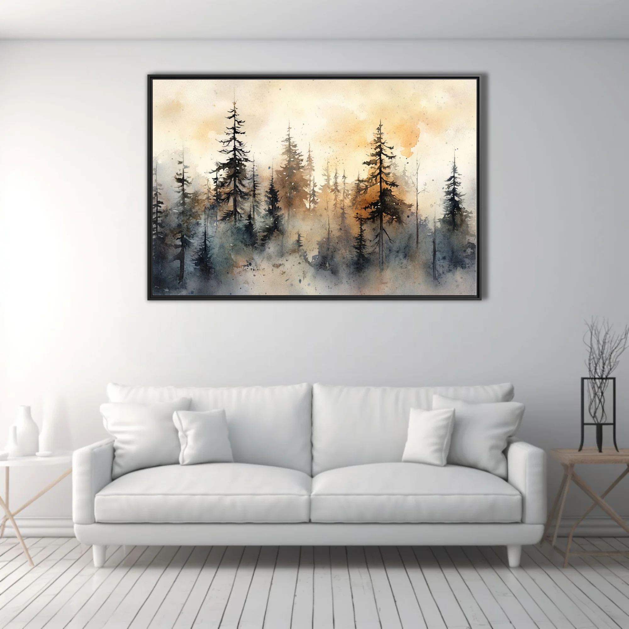 Watercolor-style misty pine forest with amber and grey washes, moody atmospheric landscape