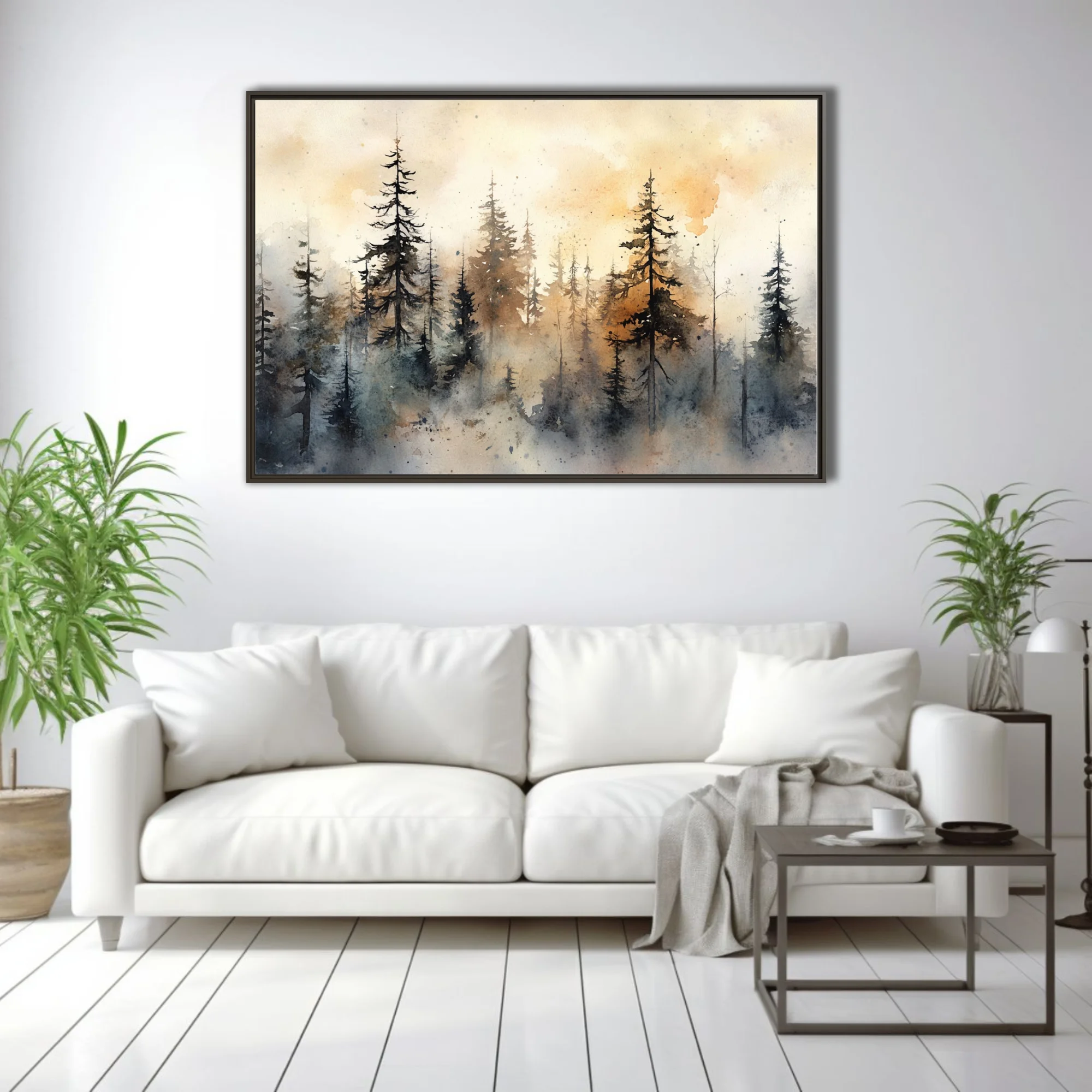 Watercolor-style misty pine forest with amber and grey washes, moody atmospheric landscape