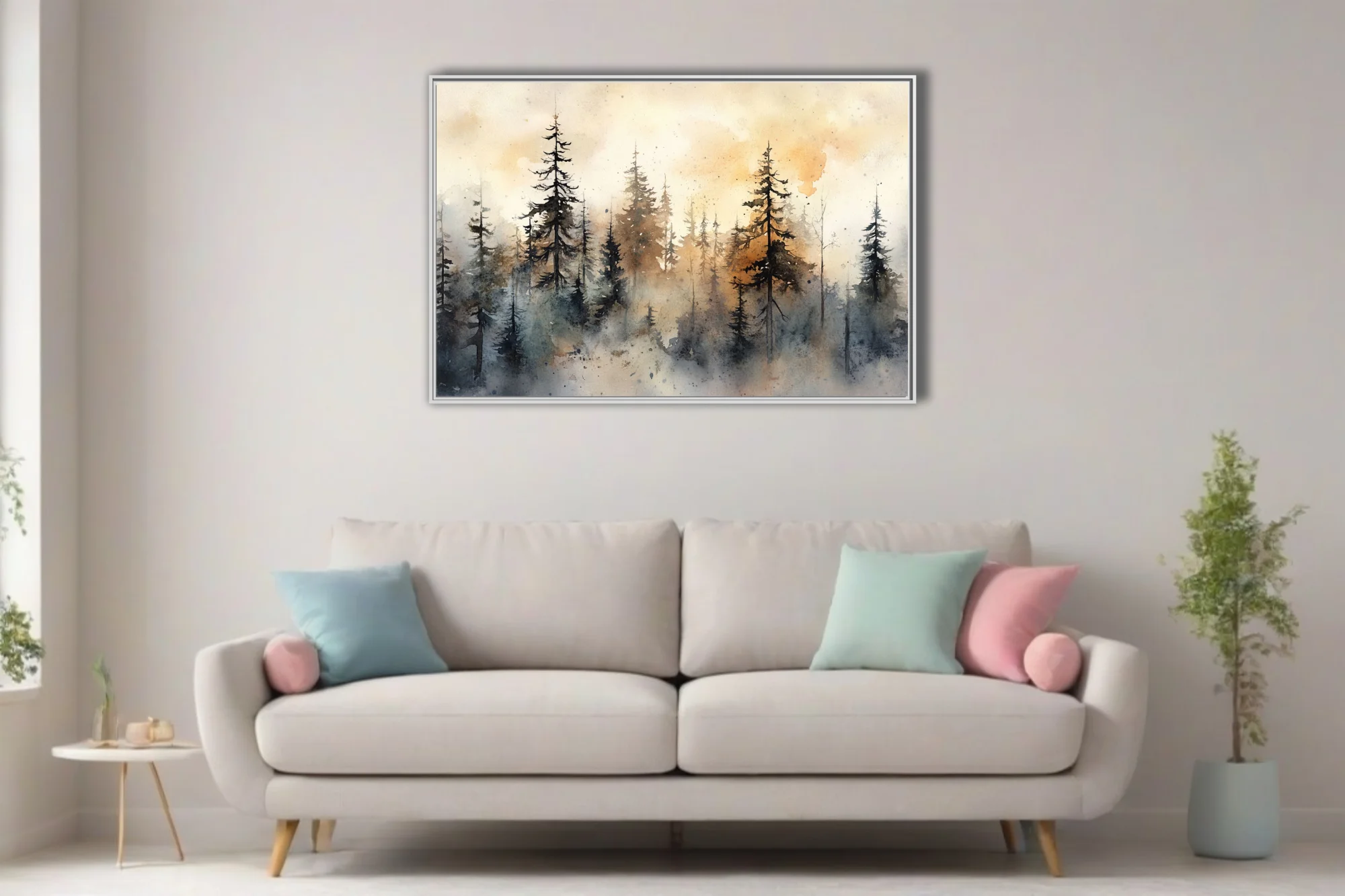 Watercolor-style misty pine forest with amber and grey washes, moody atmospheric landscape